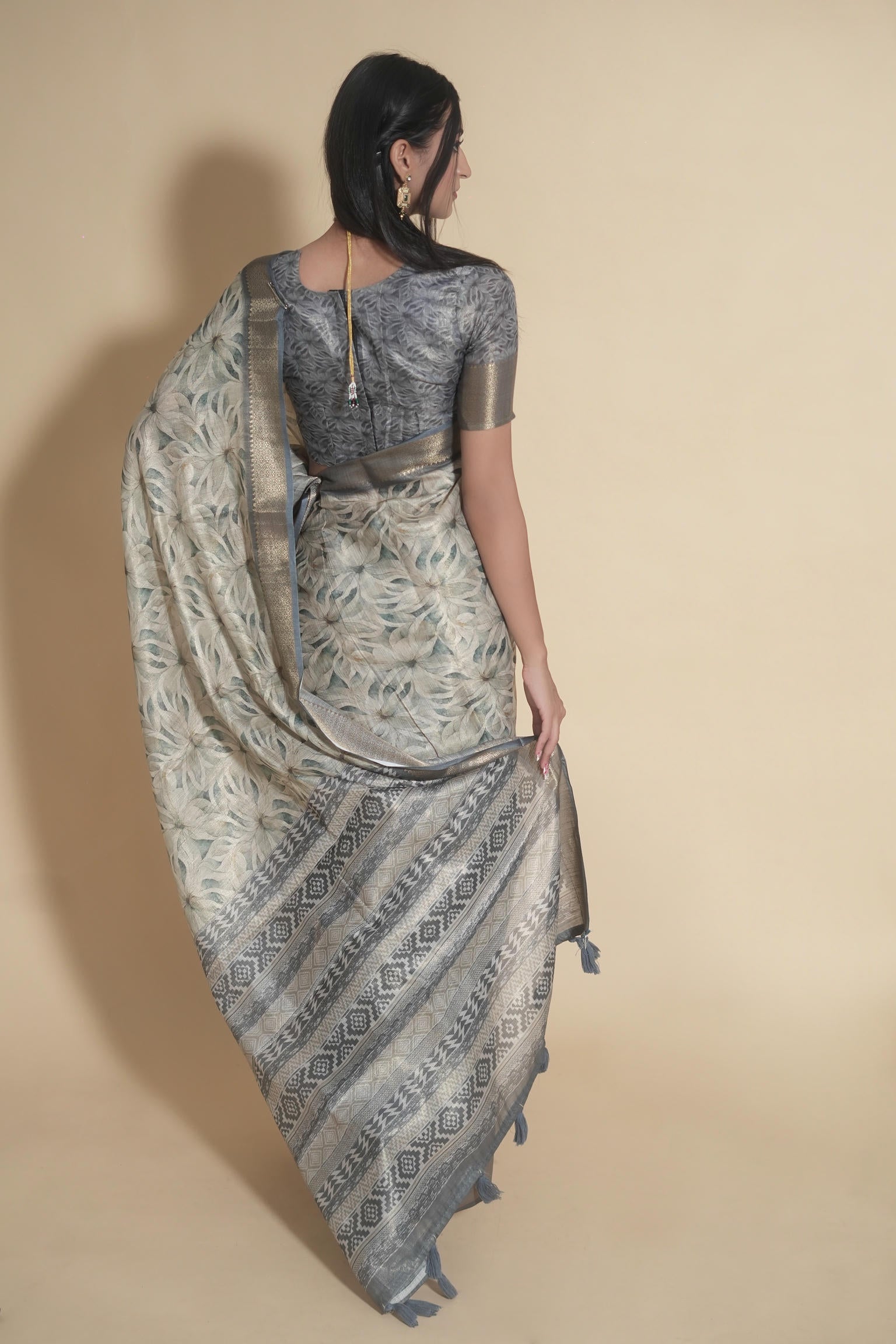 Steel Grey and Beige Floral Print Saree with Zari Border