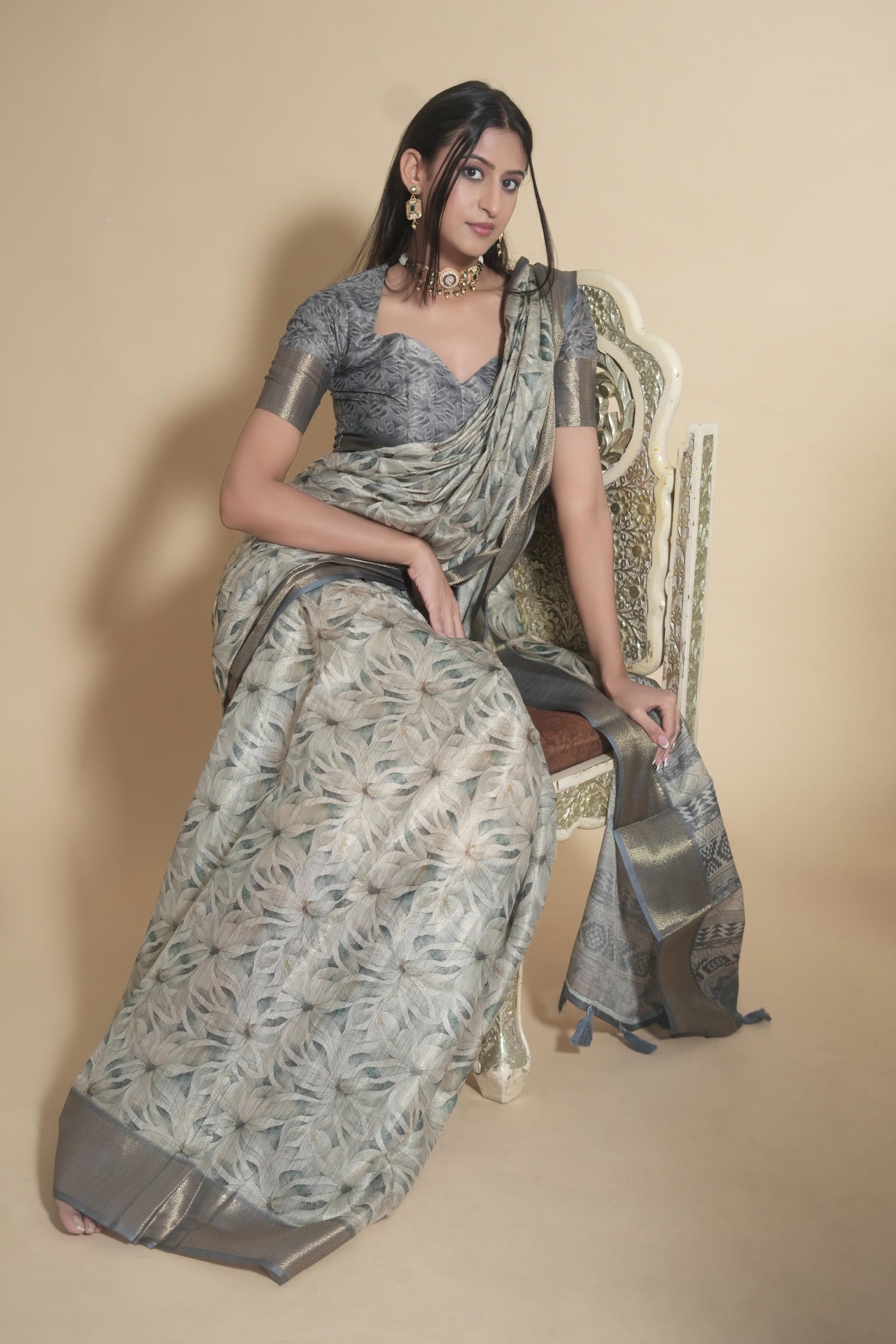 Steel Grey and Beige Floral Print Saree with Zari Border