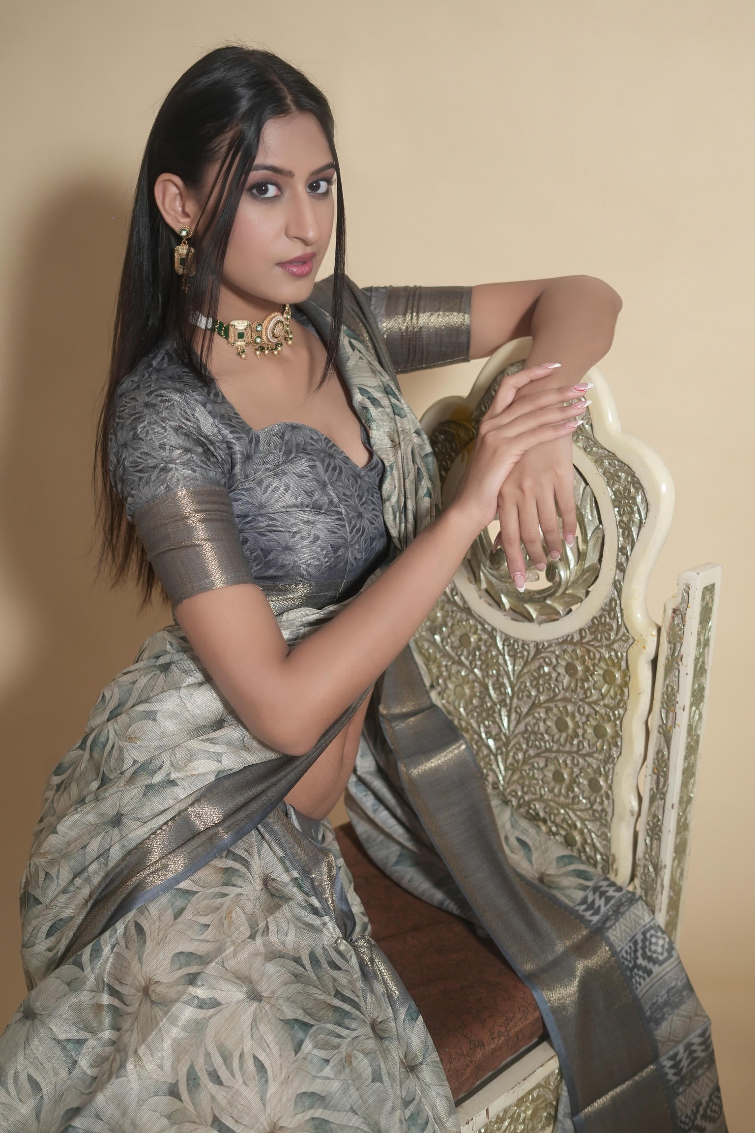 Steel Grey and Beige Floral Print Saree with Zari Border