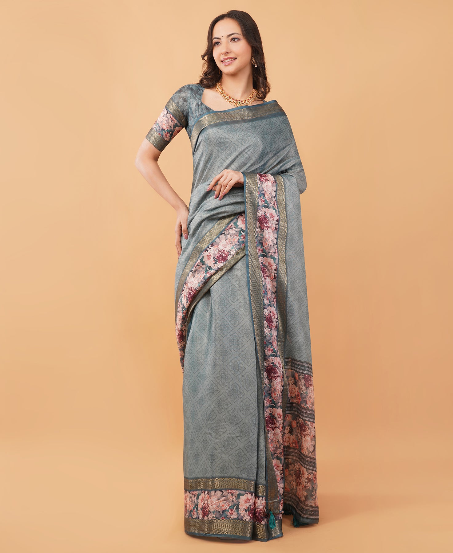 Slate grey and earthy beige abstract block-print saree with antique zari border and tassel pallu