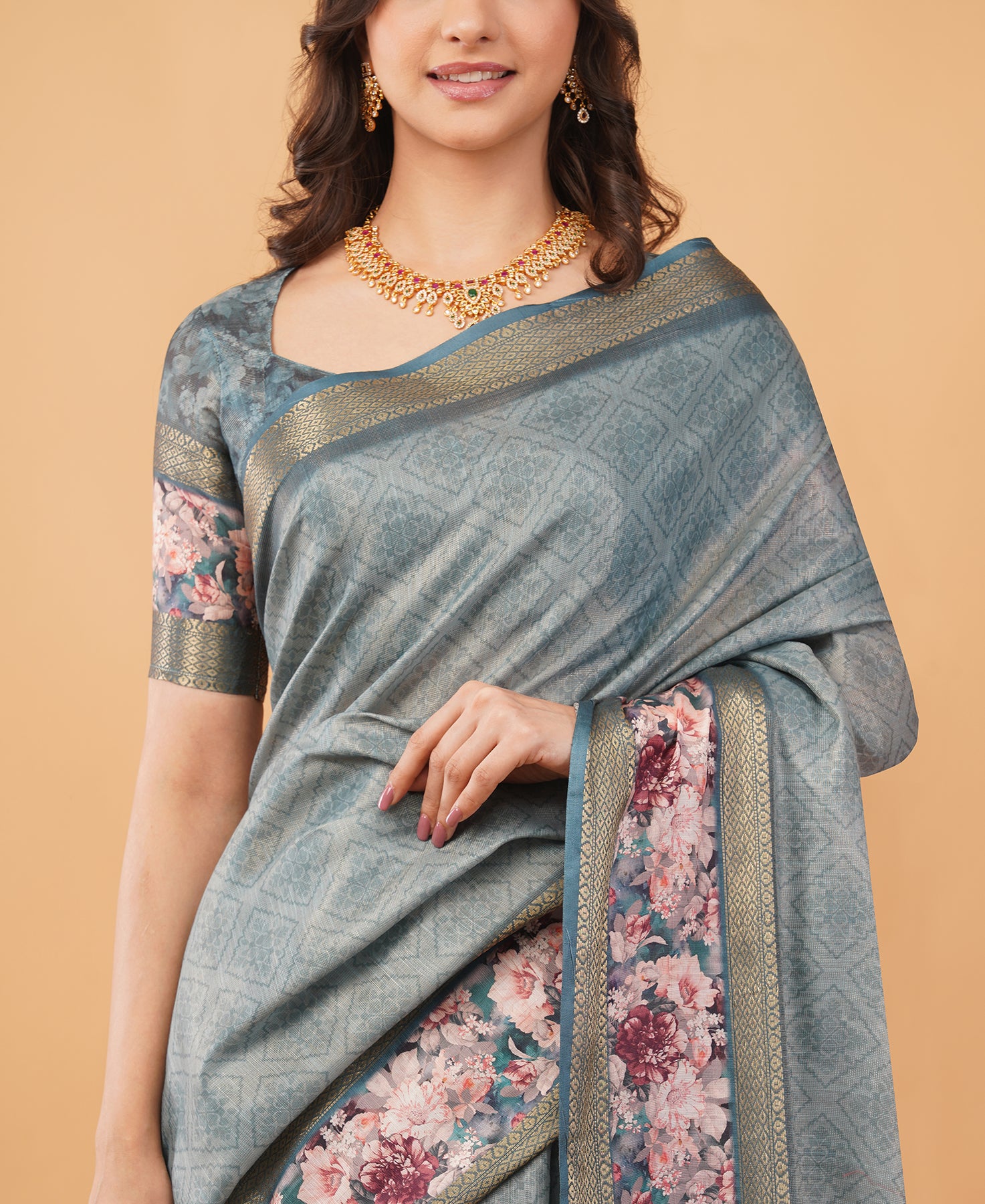 Slate Grey & Earthy Beige Abstract Block-Print Saree