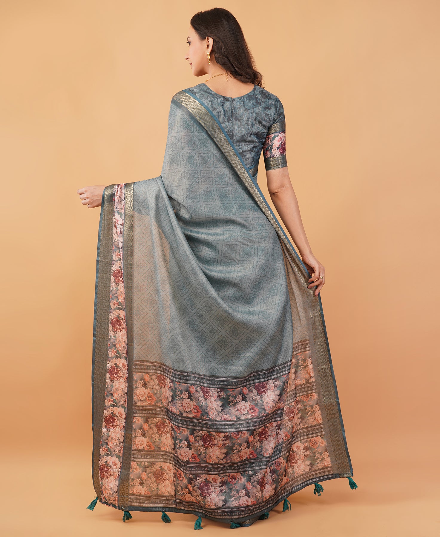 Slate Grey & Earthy Beige Abstract Block-Print Saree