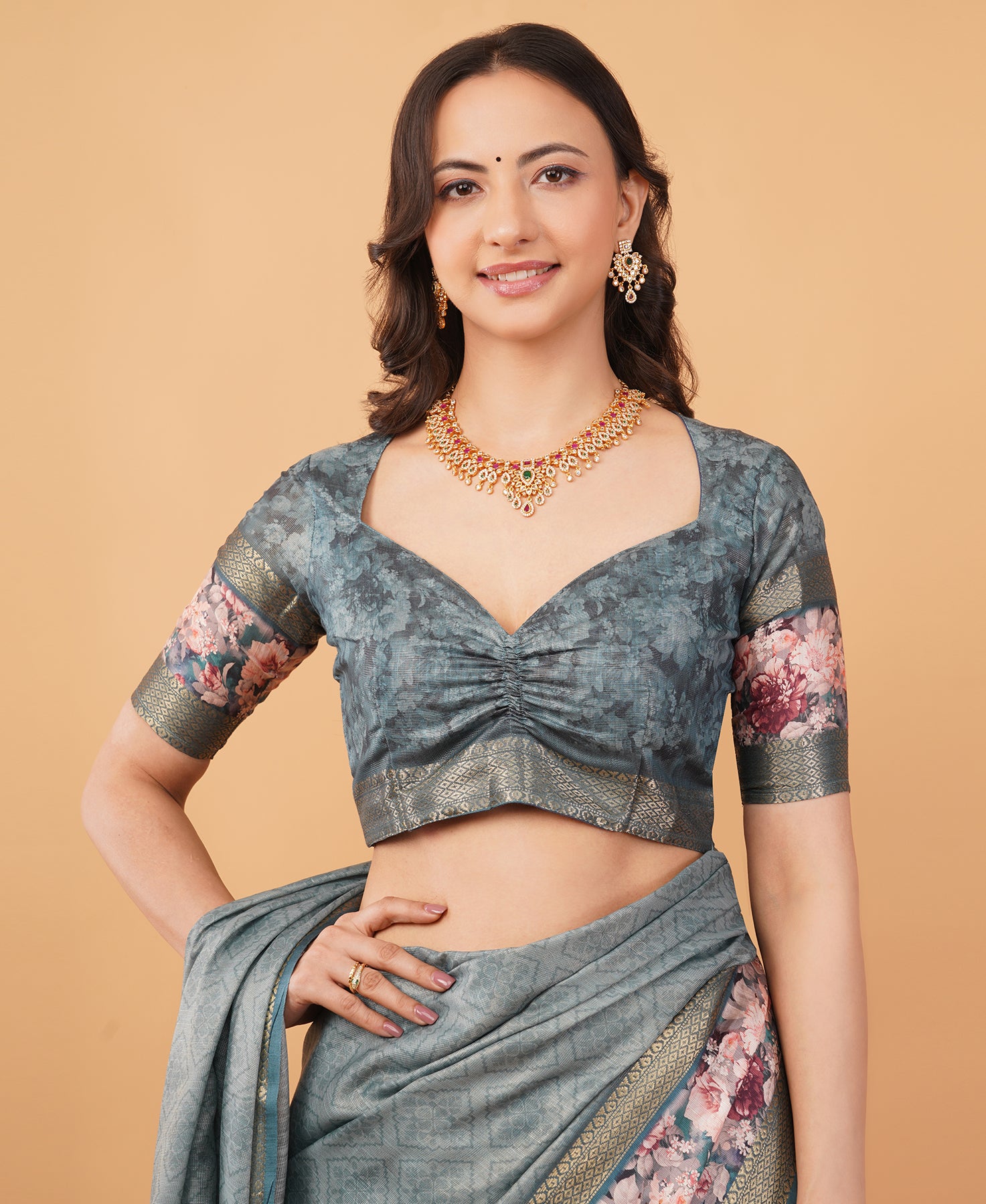 Slate Grey & Earthy Beige Abstract Block-Print Saree