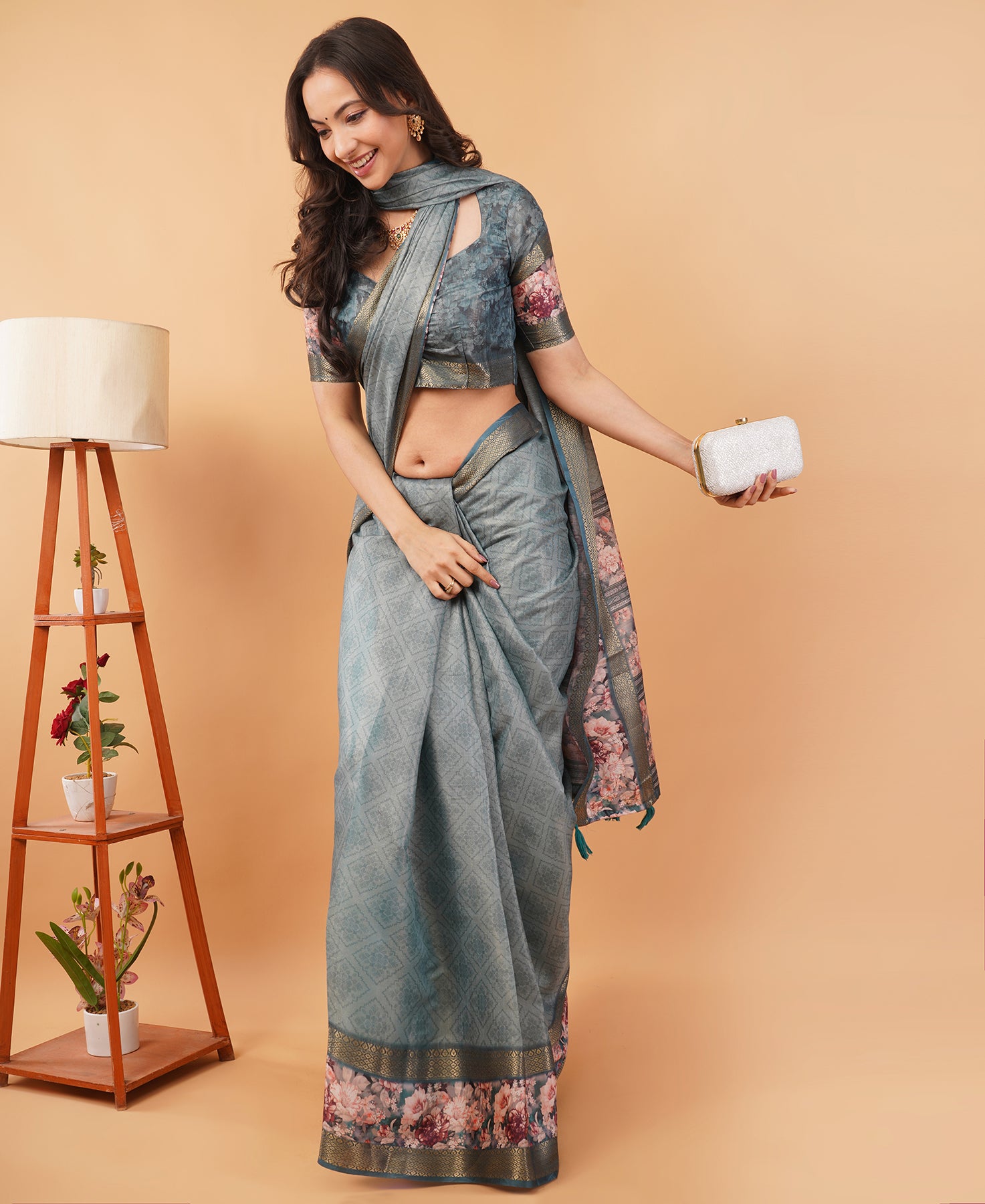 Slate Grey & Earthy Beige Abstract Block-Print Saree