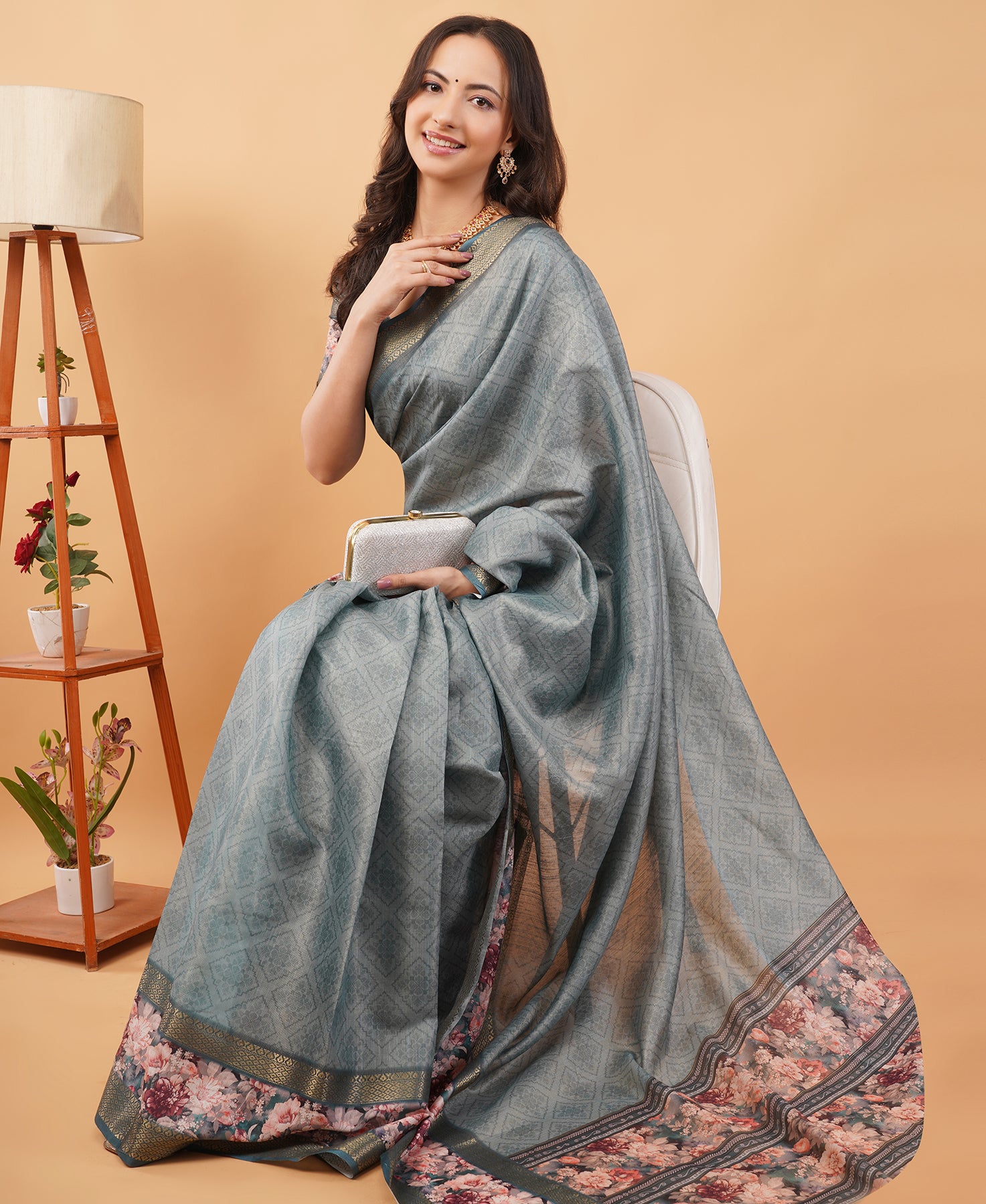 Slate Grey & Earthy Beige Abstract Block-Print Saree