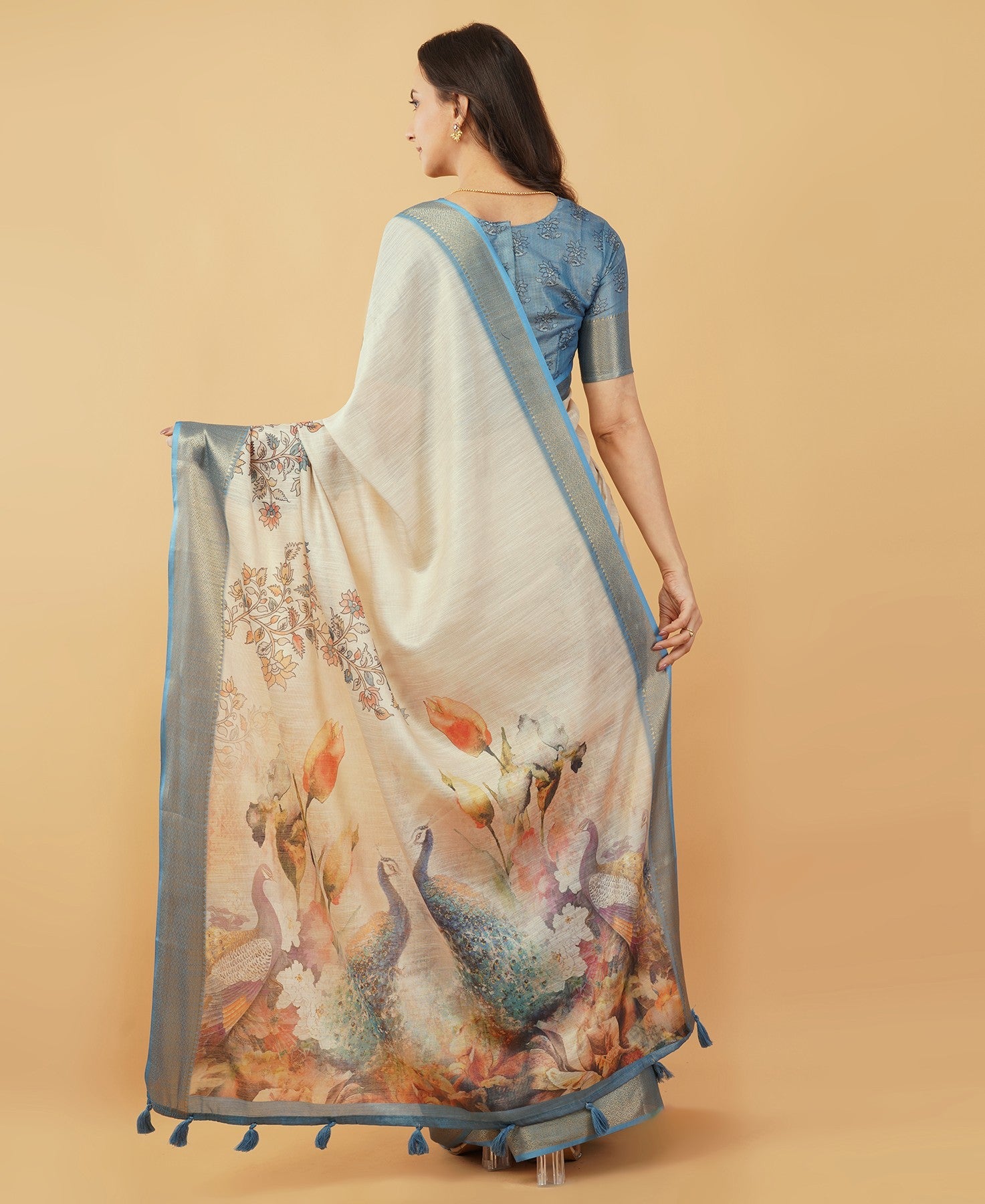Cream and Dusty Blue Kalamkari Peacock Print Saree with Zari Border