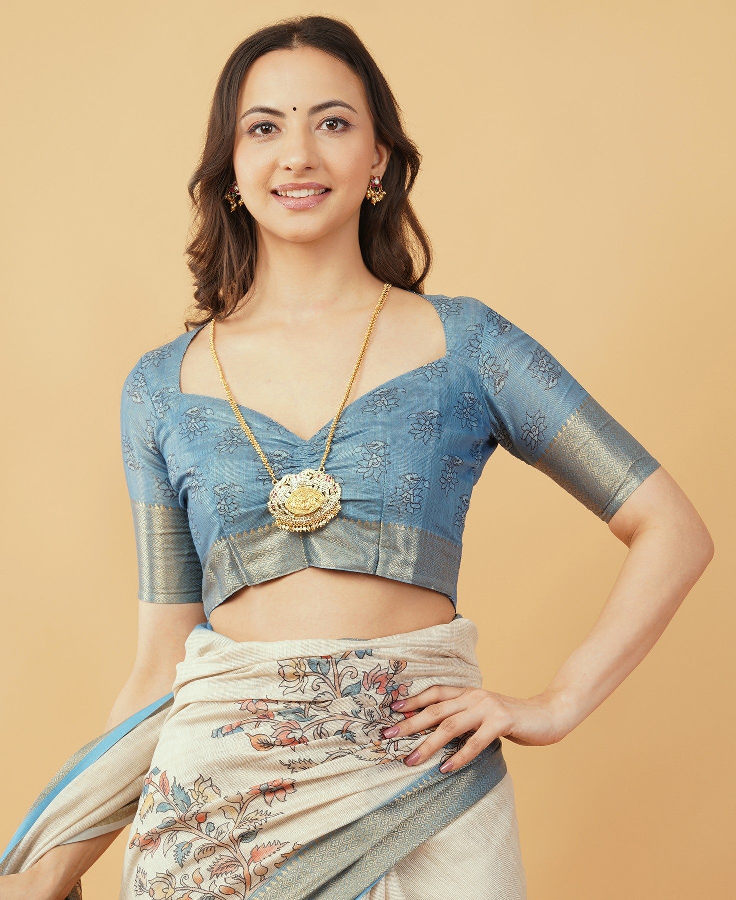 Cream and Dusty Blue Kalamkari Peacock Print Saree with Zari Border