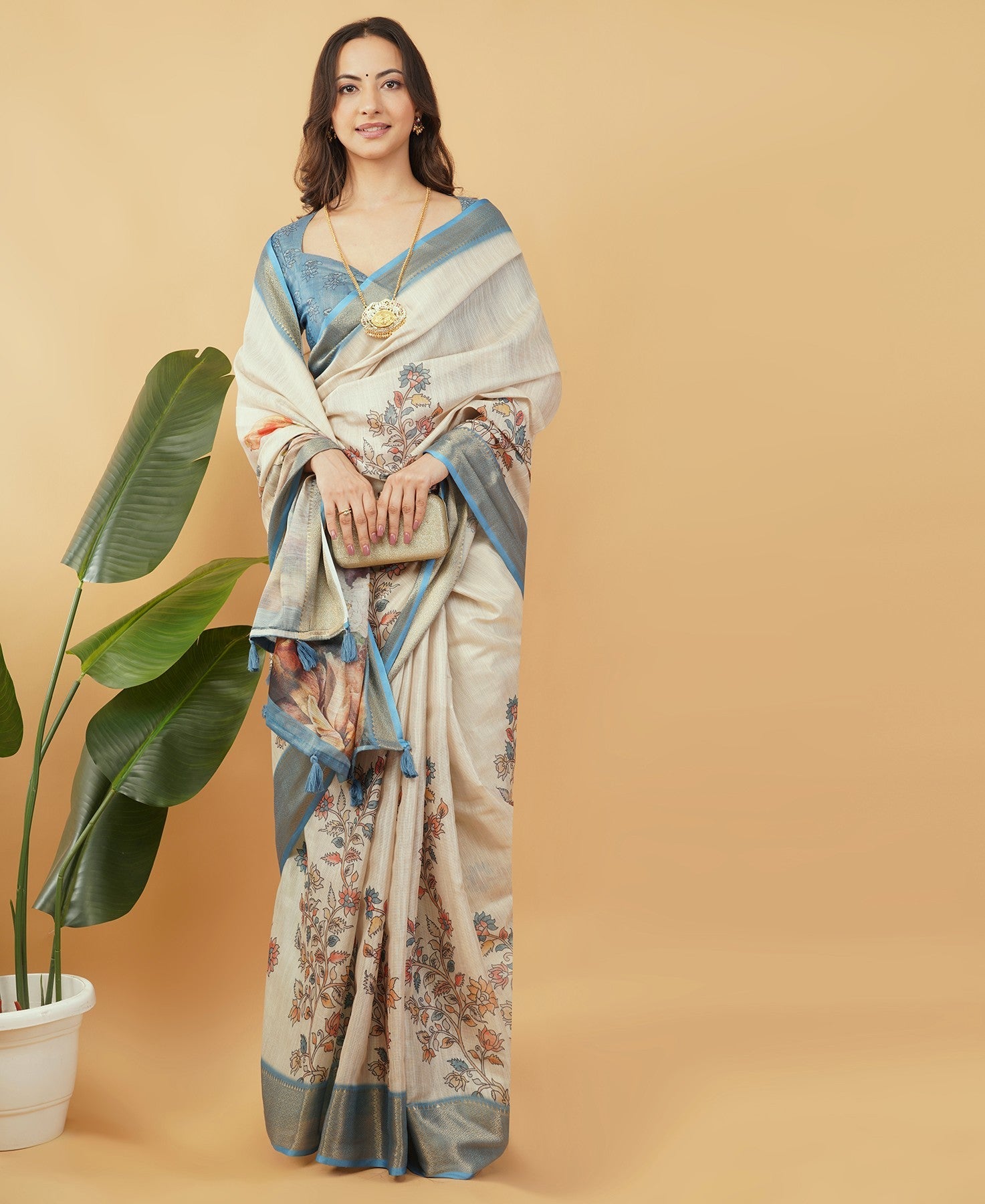 Cream and Dusty Blue Kalamkari Peacock Print Saree with Zari Border