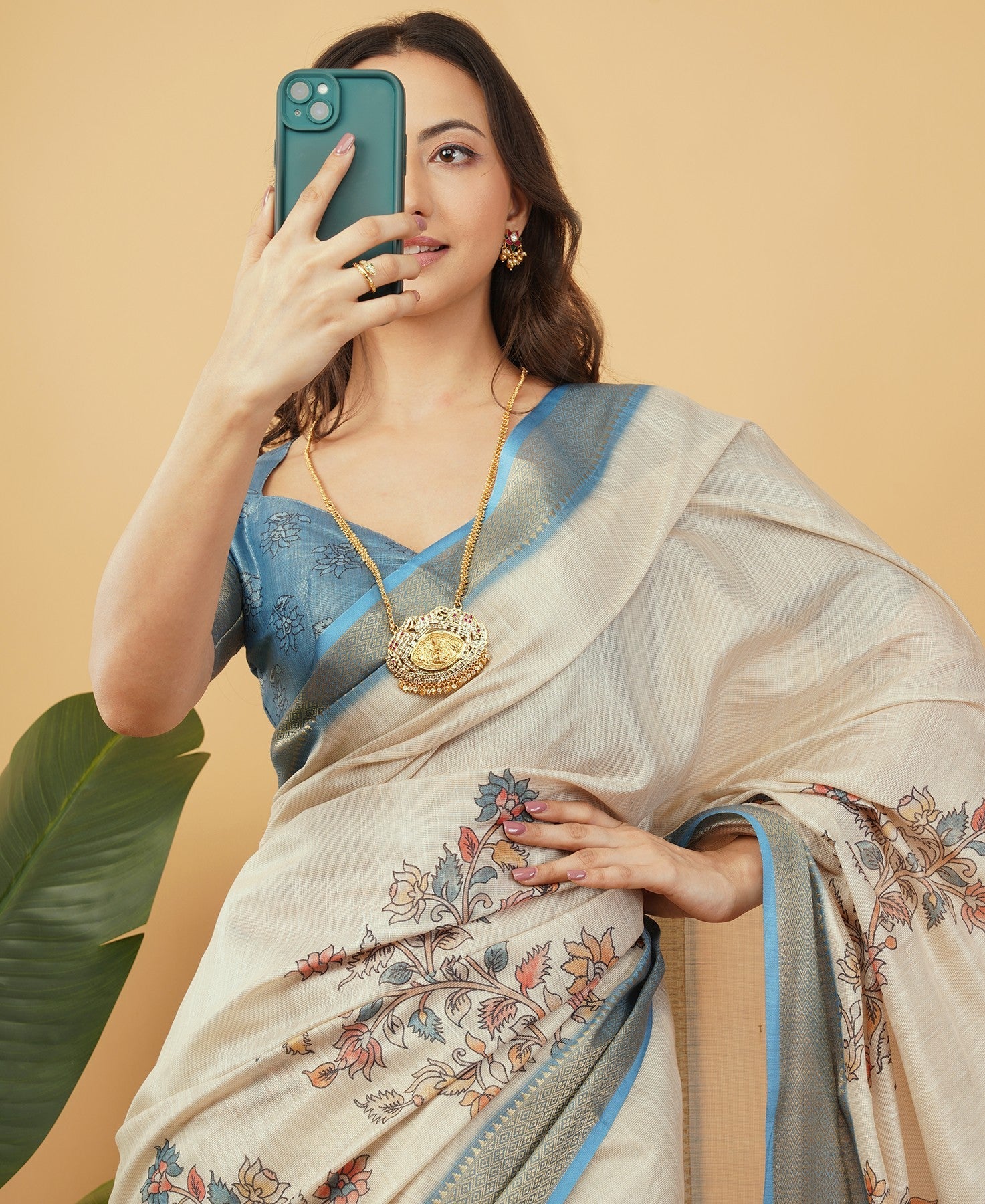 Cream and Dusty Blue Kalamkari Peacock Print Saree with Zari Border