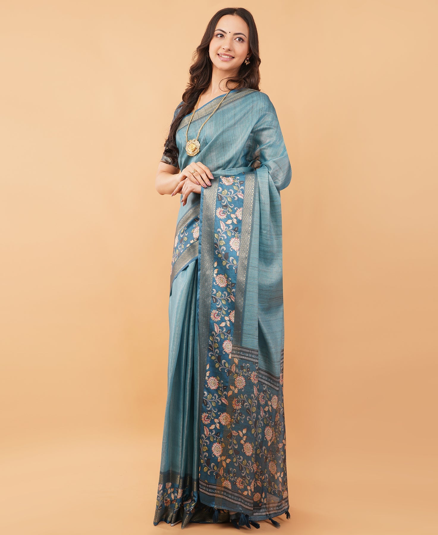 Teal Blue Textured Saree with Kalamkari Floral Border & Ruched Blouse