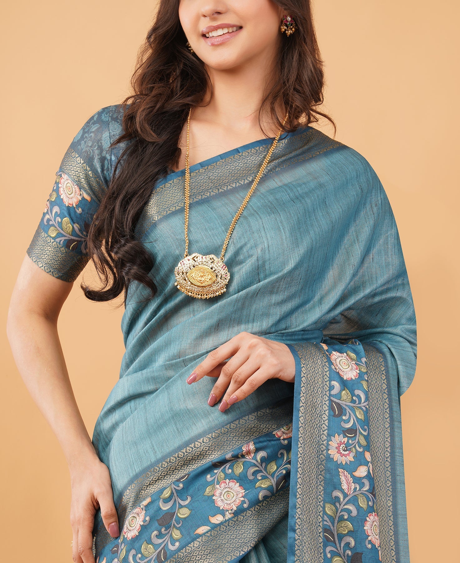 Teal Blue Textured Saree with Kalamkari Floral Border & Ruched Blouse