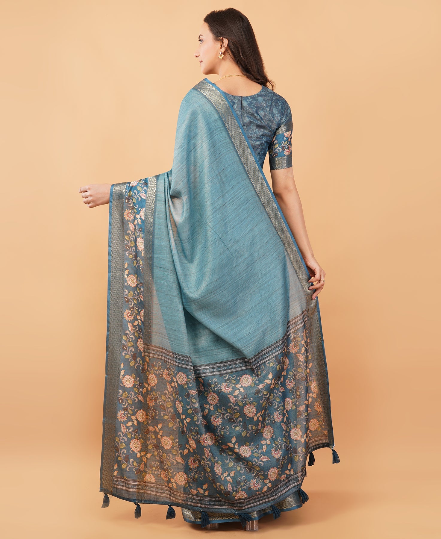 Teal Blue Textured Saree with Kalamkari Floral Border & Ruched Blouse