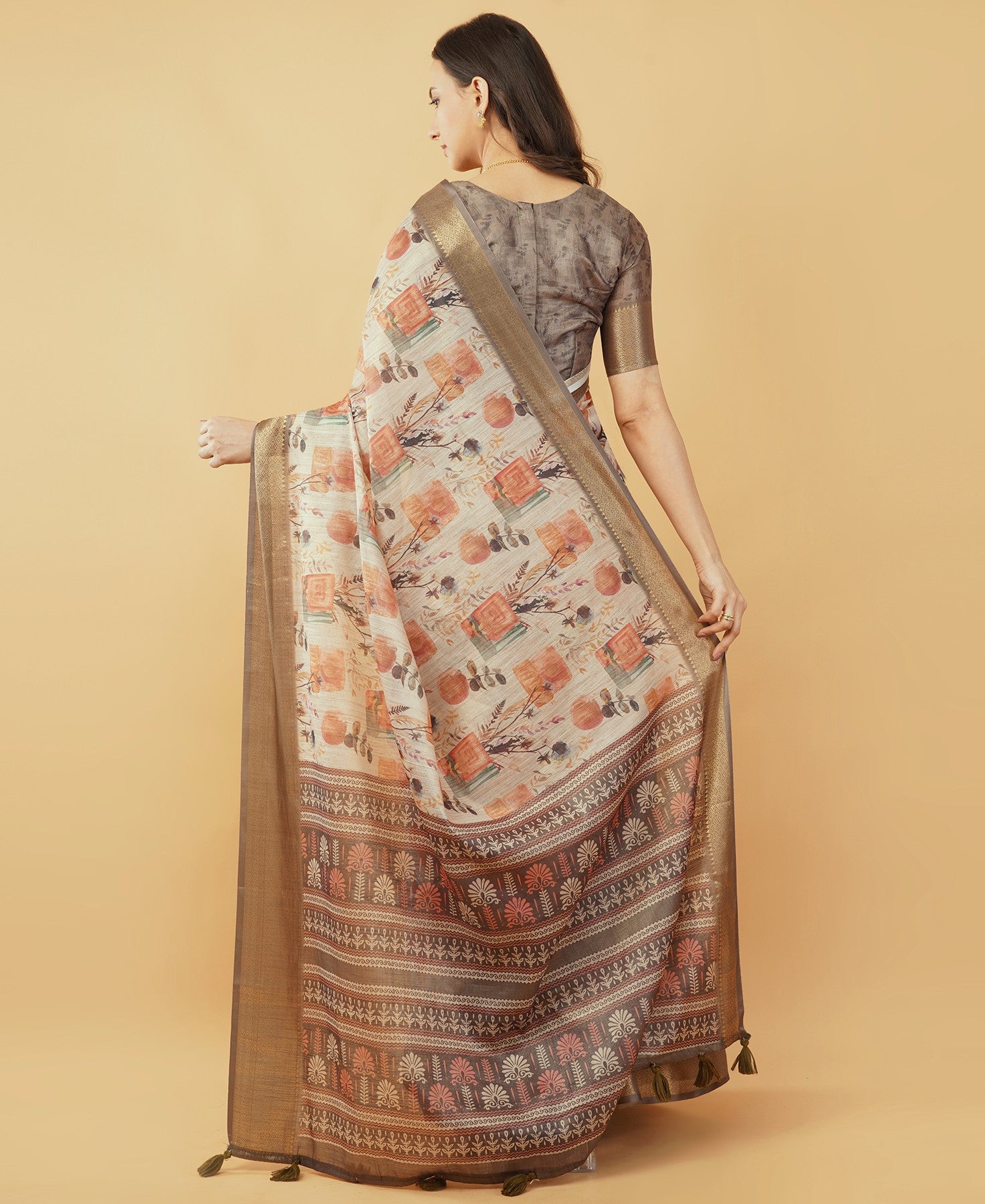 Cream and Rust Botanical Print Saree with Bronze Zari Border