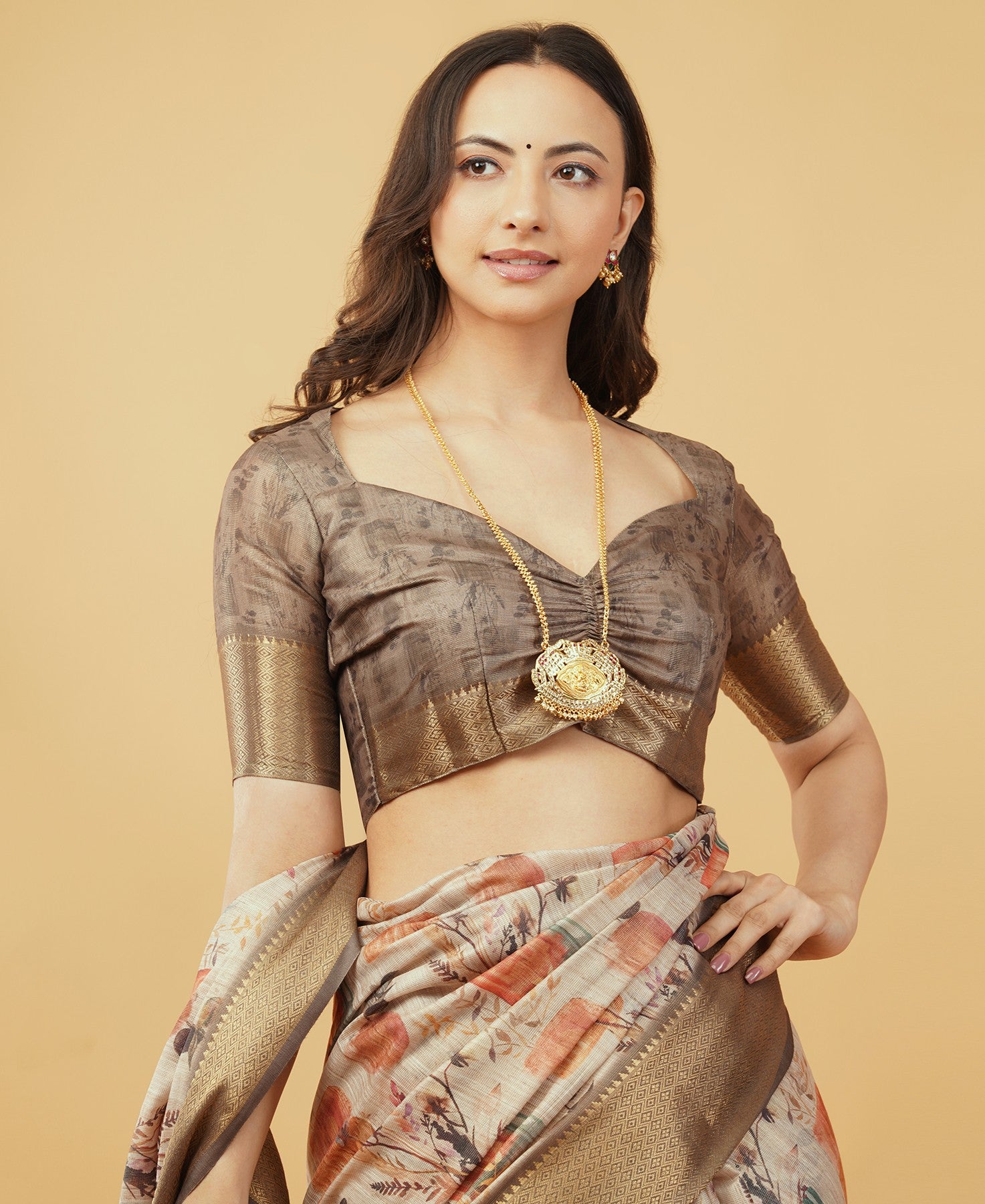 Cream and Rust Botanical Print Saree with Bronze Zari Border