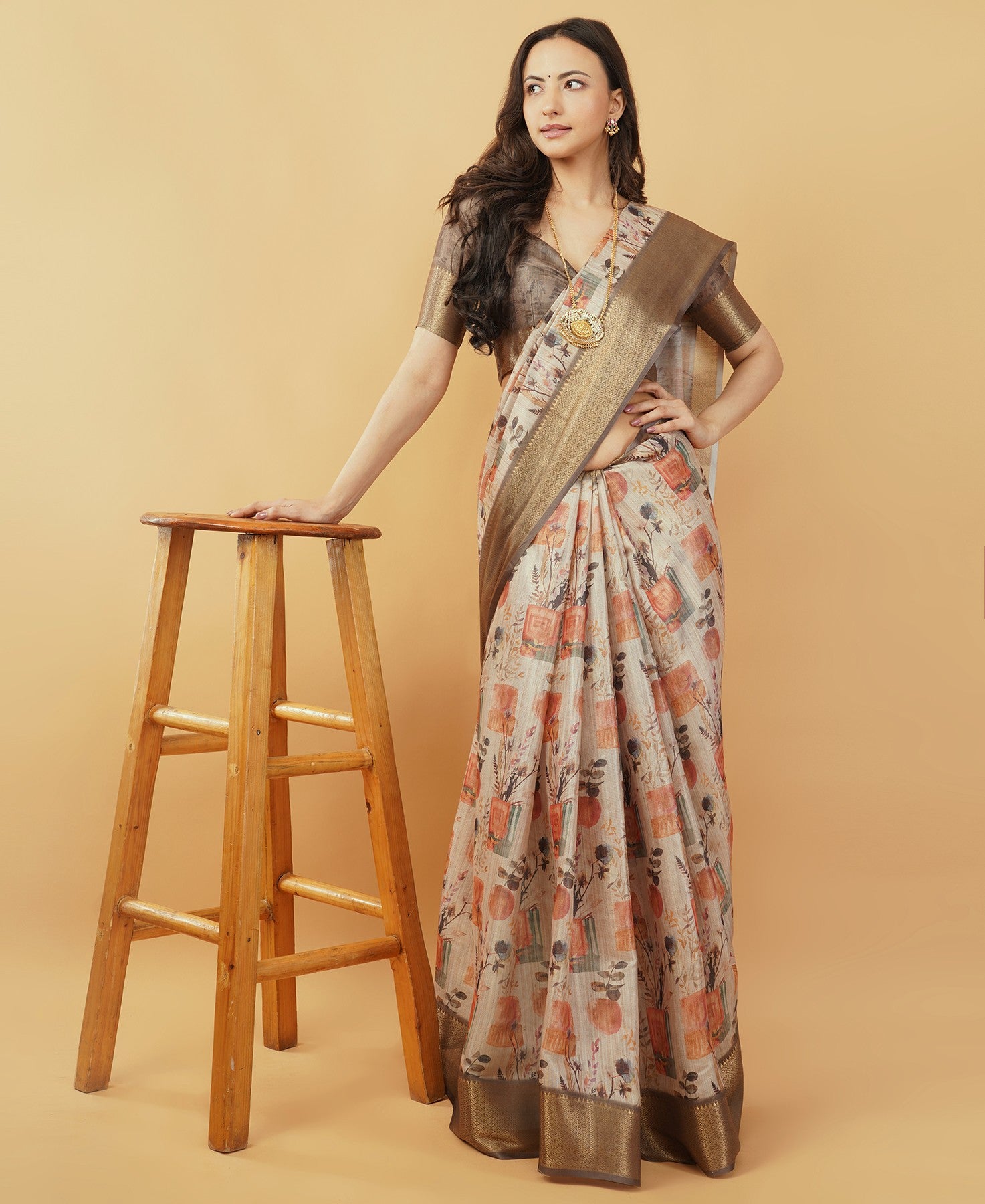 Cream and Rust Botanical Print Saree with Bronze Zari Border