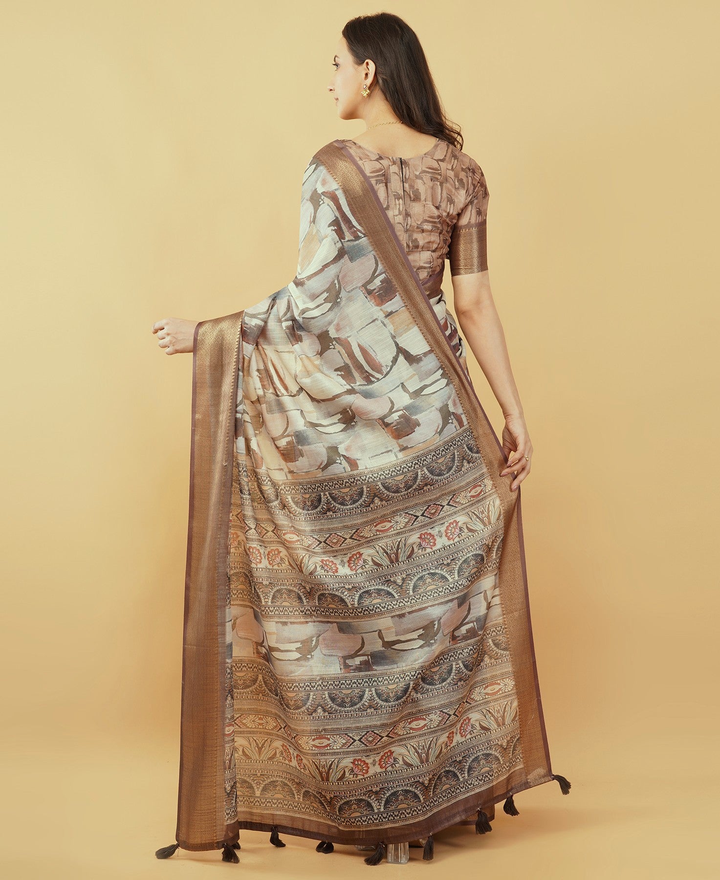 Cream and Brown Abstract Block Print Saree with Bronze Zari Border