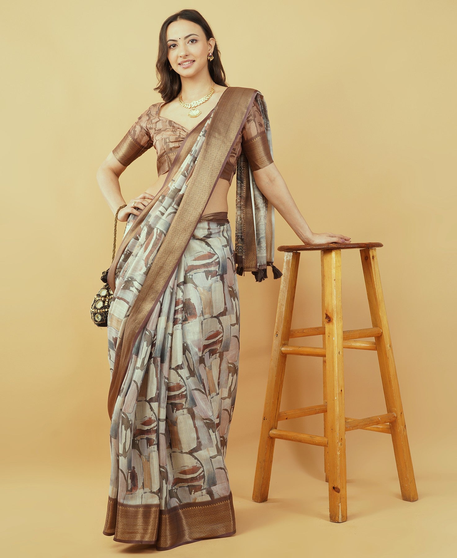 Cream and Brown Abstract Block Print Saree with Bronze Zari Border