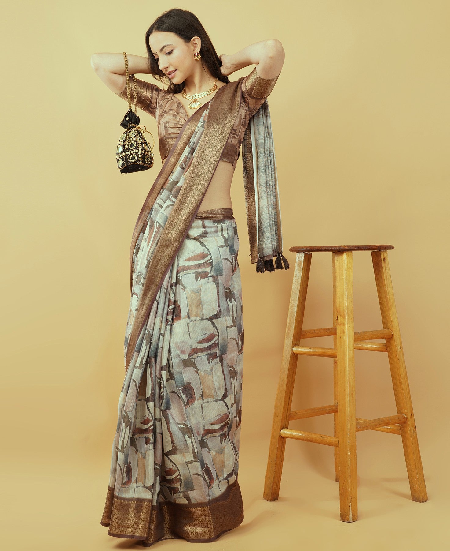 Cream and Brown Abstract Block Print Saree with Bronze Zari Border