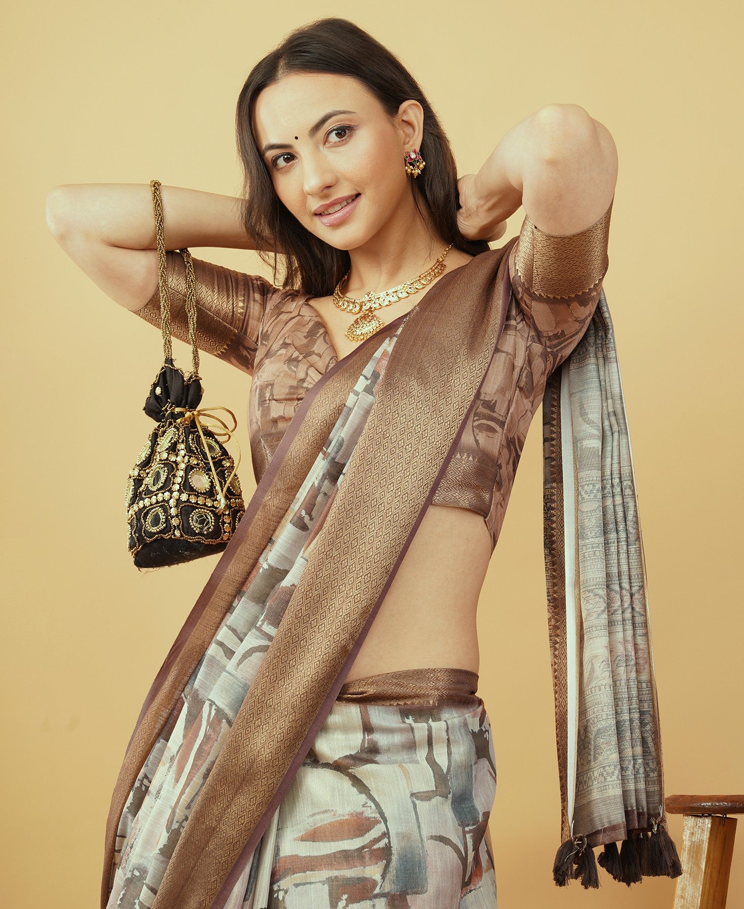Cream and Brown Abstract Block Print Saree with Bronze Zari Border