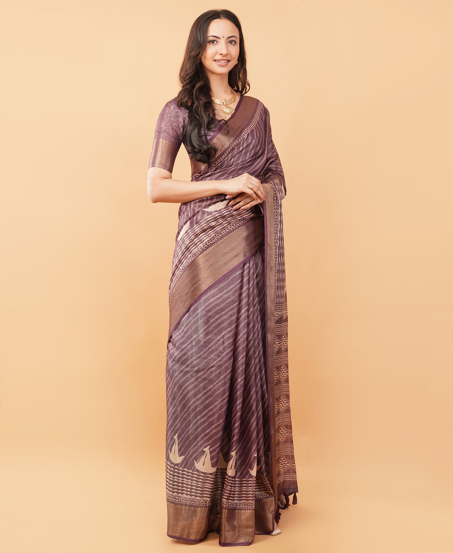 Taupe Textured Saree with Floral Kalamkari-Style Panel and Zari Border