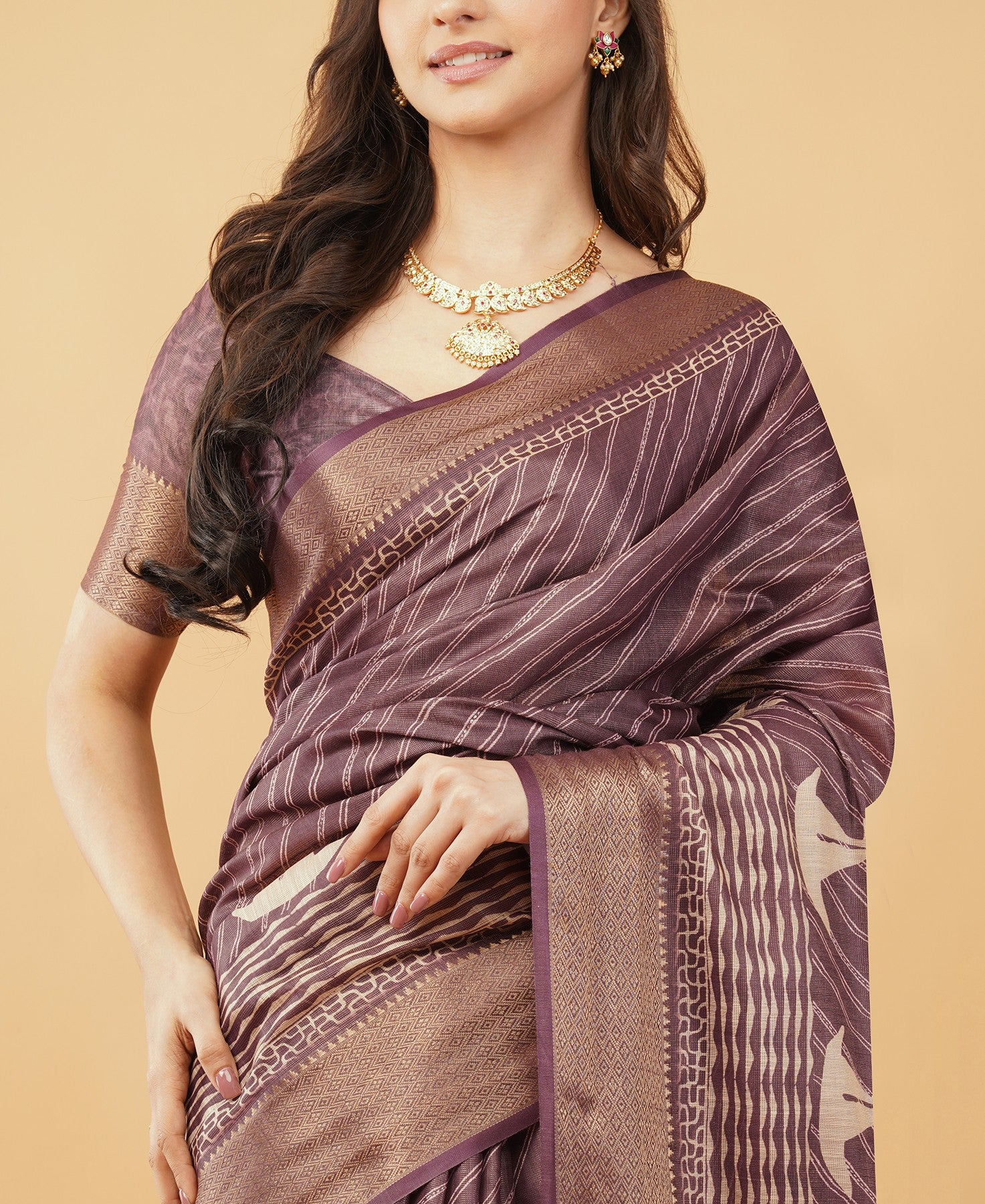 Taupe Textured Saree with Floral Kalamkari-Style Panel and Zari Border