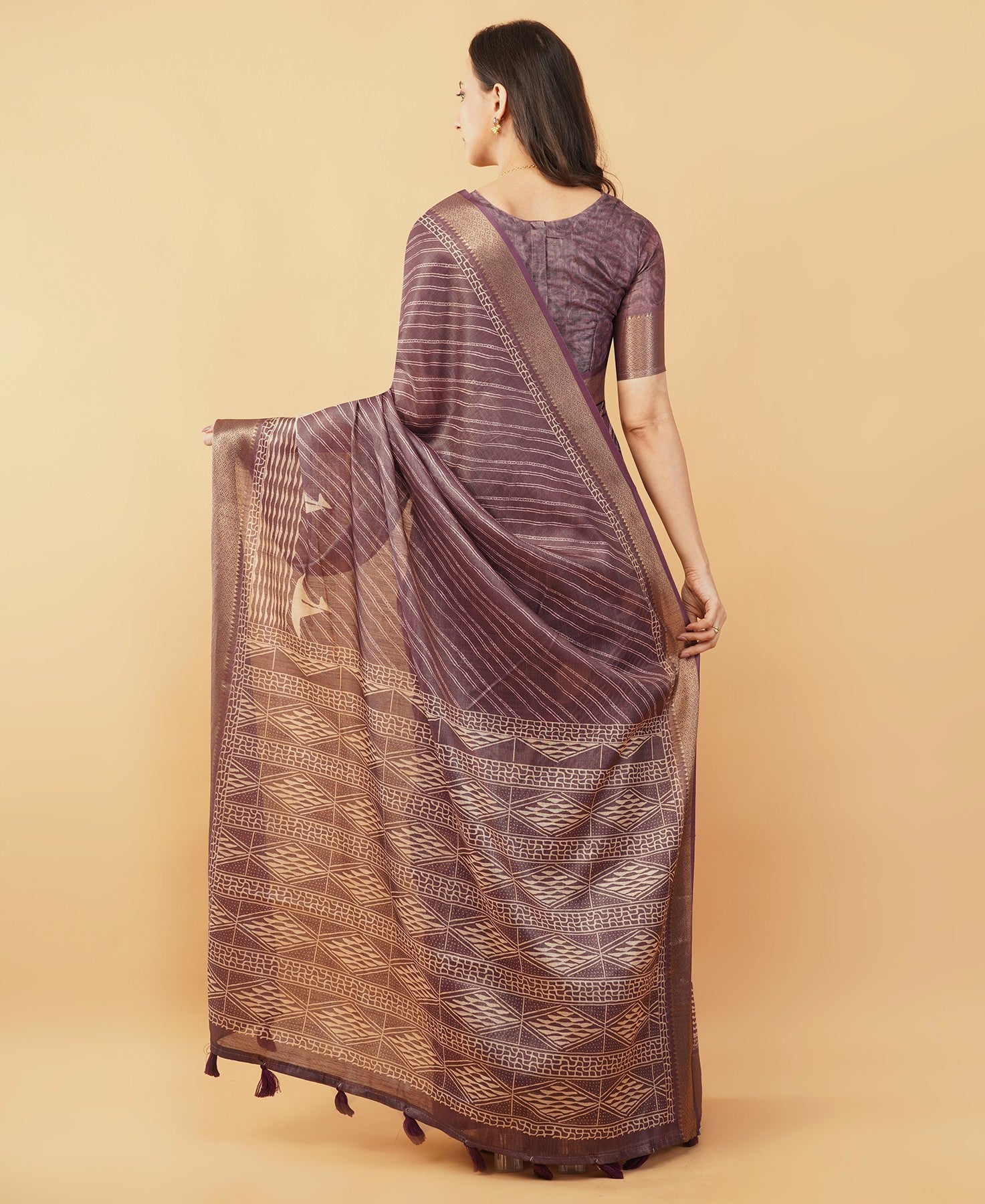 Taupe Textured Saree with Floral Kalamkari-Style Panel and Zari Border