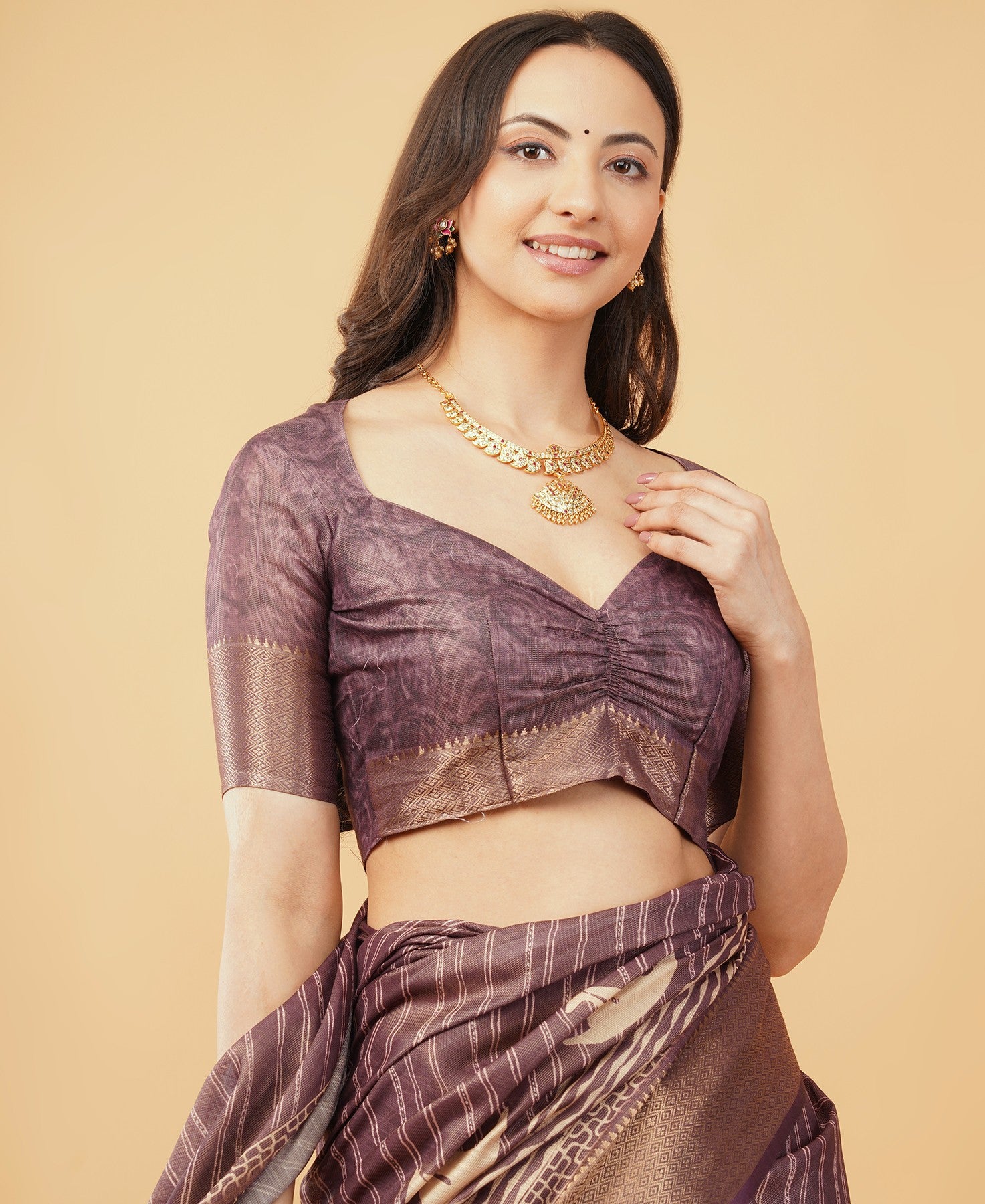 Taupe Textured Saree with Floral Kalamkari-Style Panel and Zari Border
