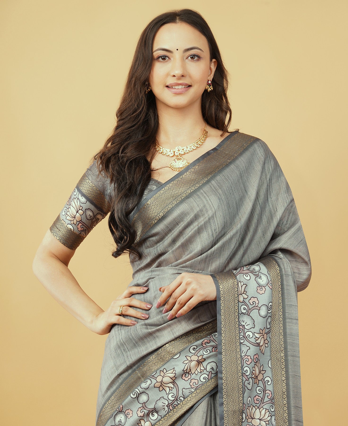 Beige and Rust Abstract Botanical Saree with Bronze Zari Border