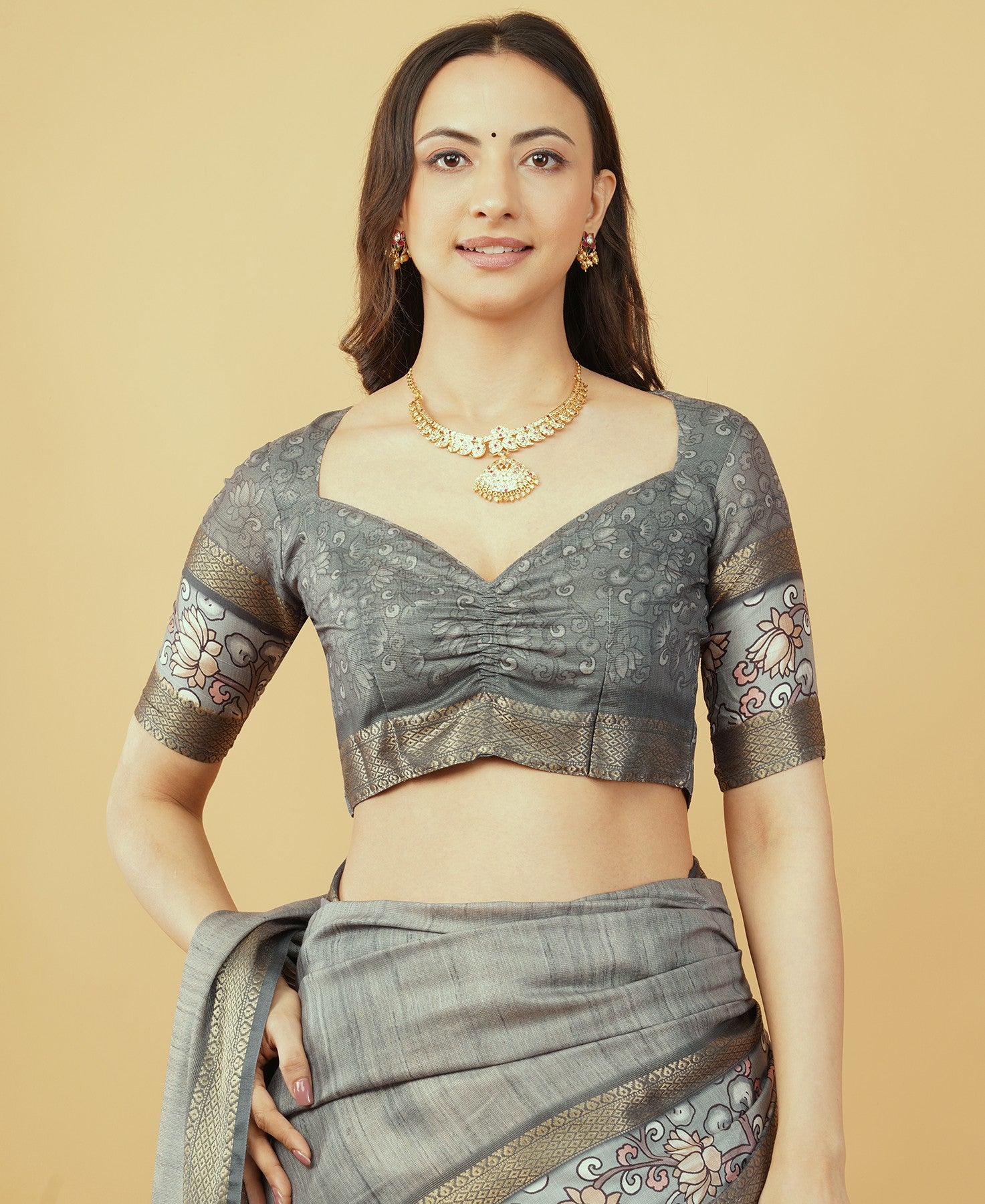 Beige and Rust Abstract Botanical Saree with Bronze Zari Border