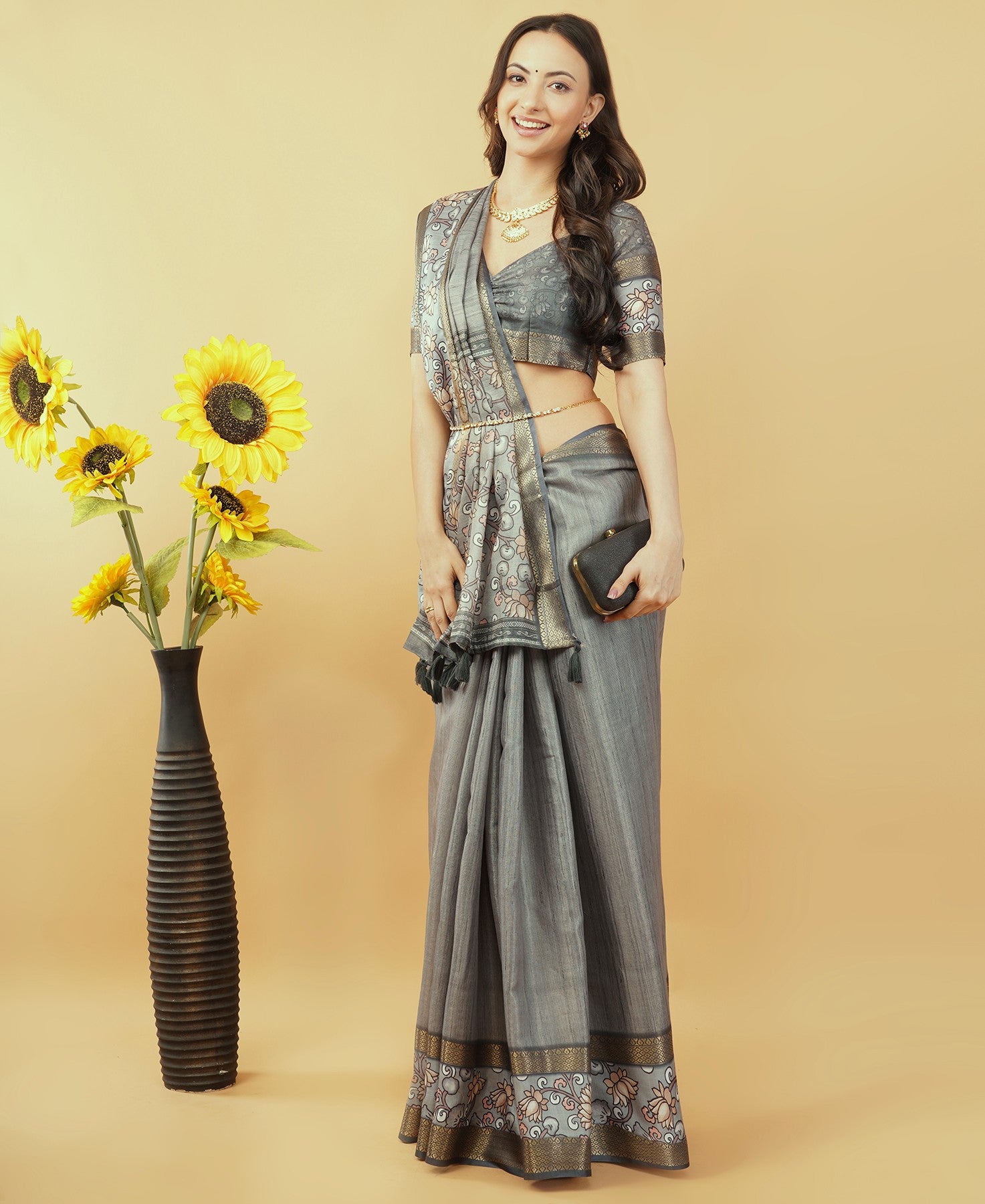 Beige and Rust Abstract Botanical Saree with Bronze Zari Border