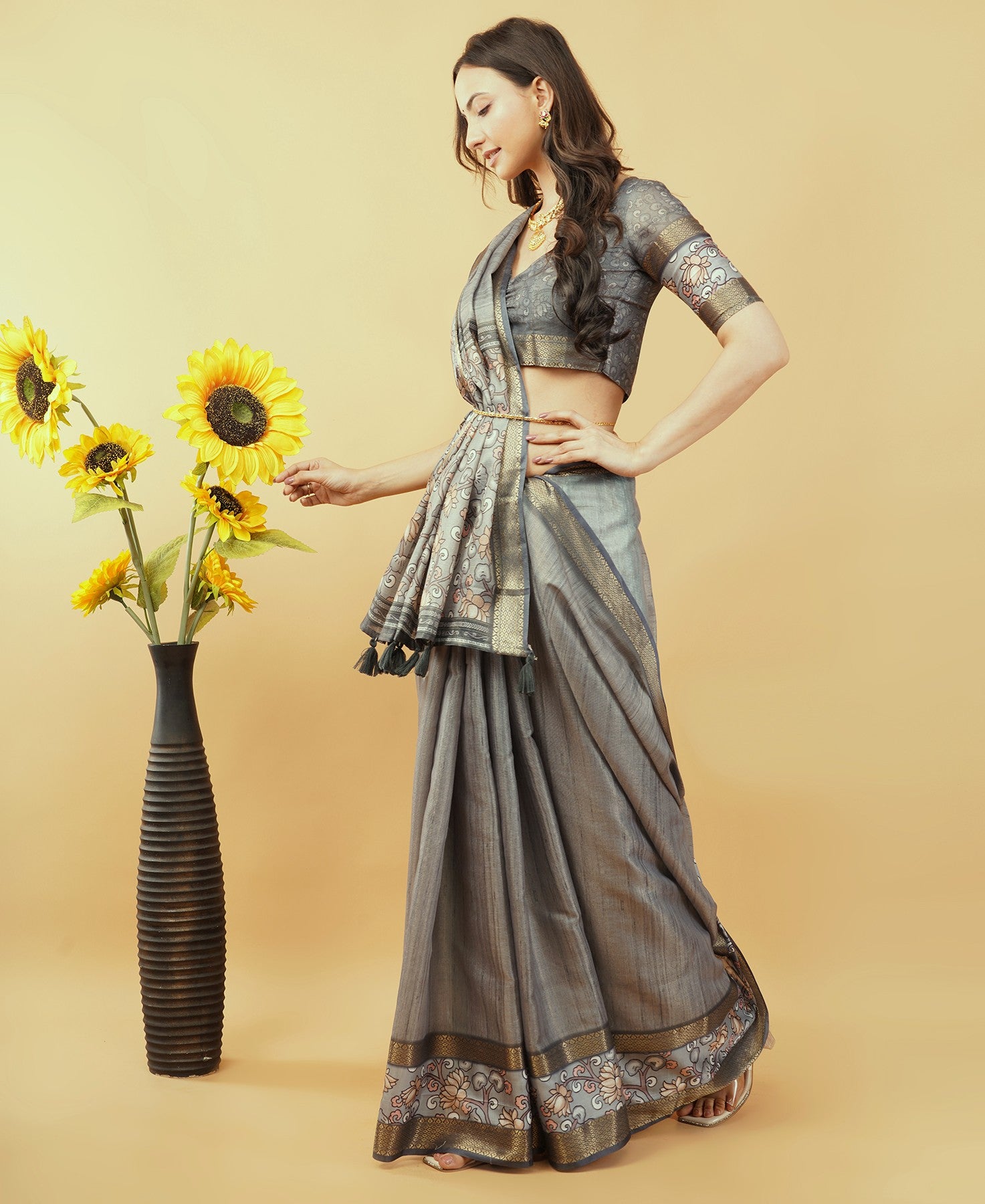 Beige and Rust Abstract Botanical Saree with Bronze Zari Border