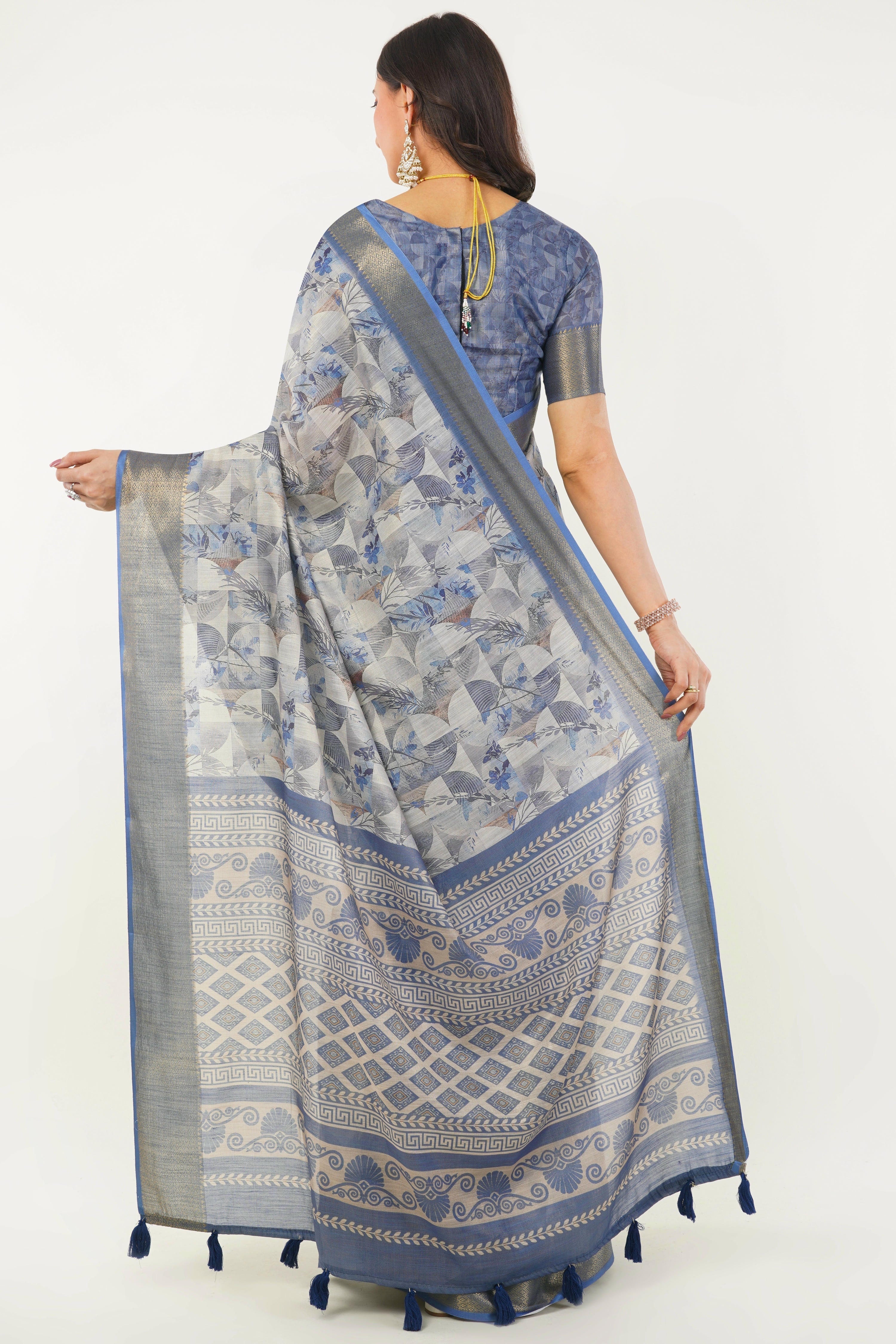 Cool Grey & Indigo Geometric Print Saree with Antique Zari Border