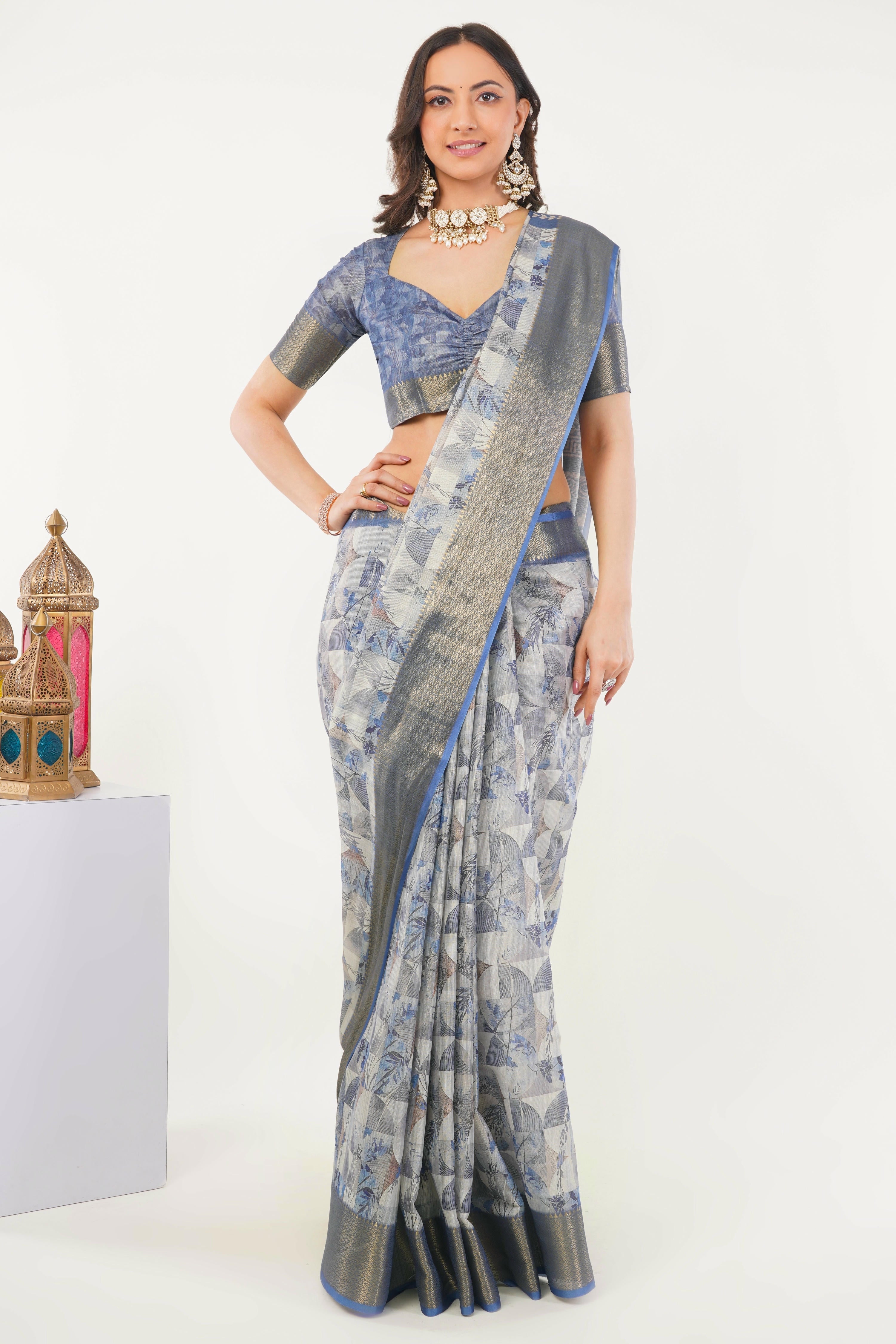 Cool Grey & Indigo Geometric Print Saree with Antique Zari Border