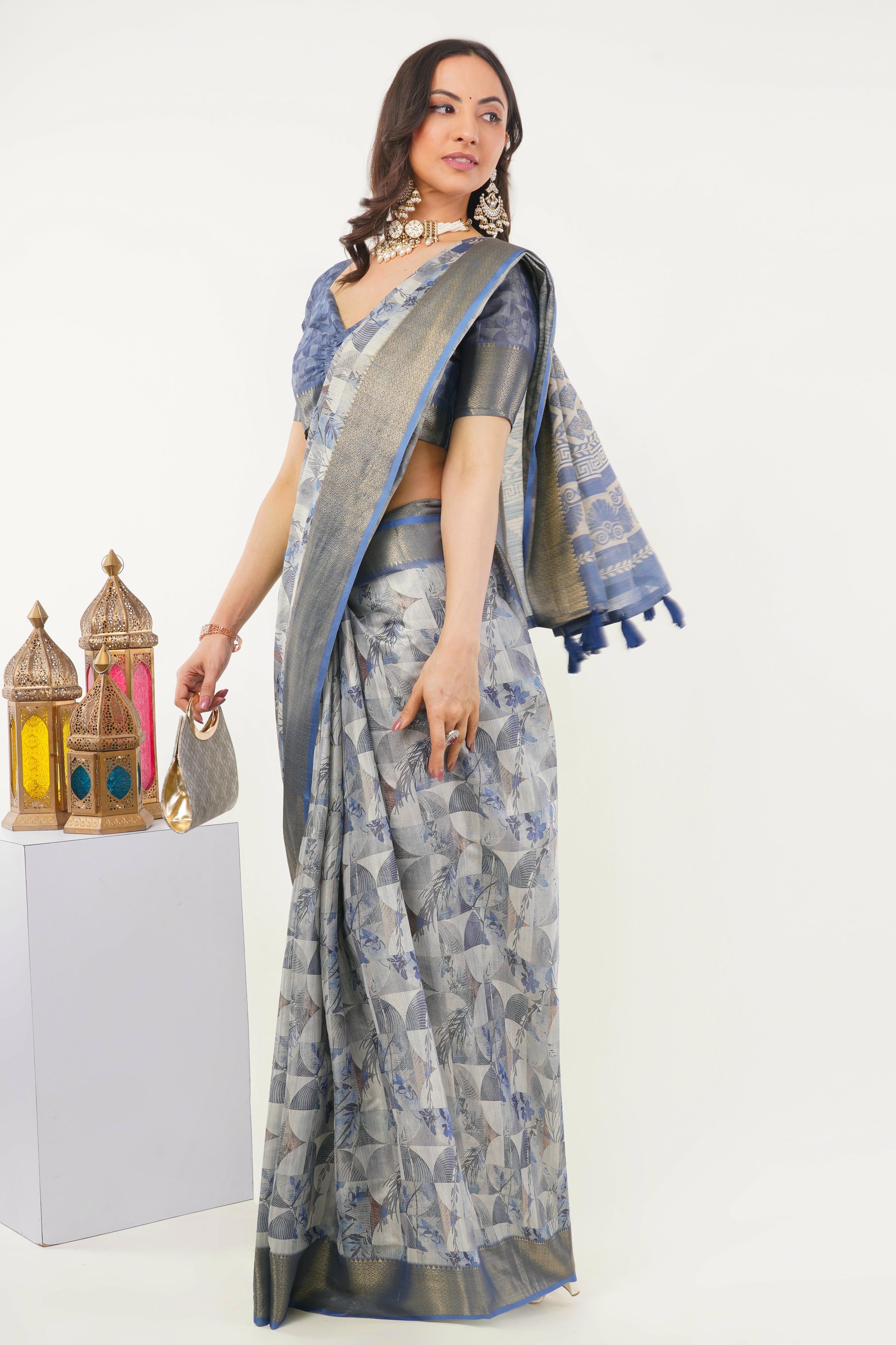 Cool Grey & Indigo Geometric Print Saree with Antique Zari Border