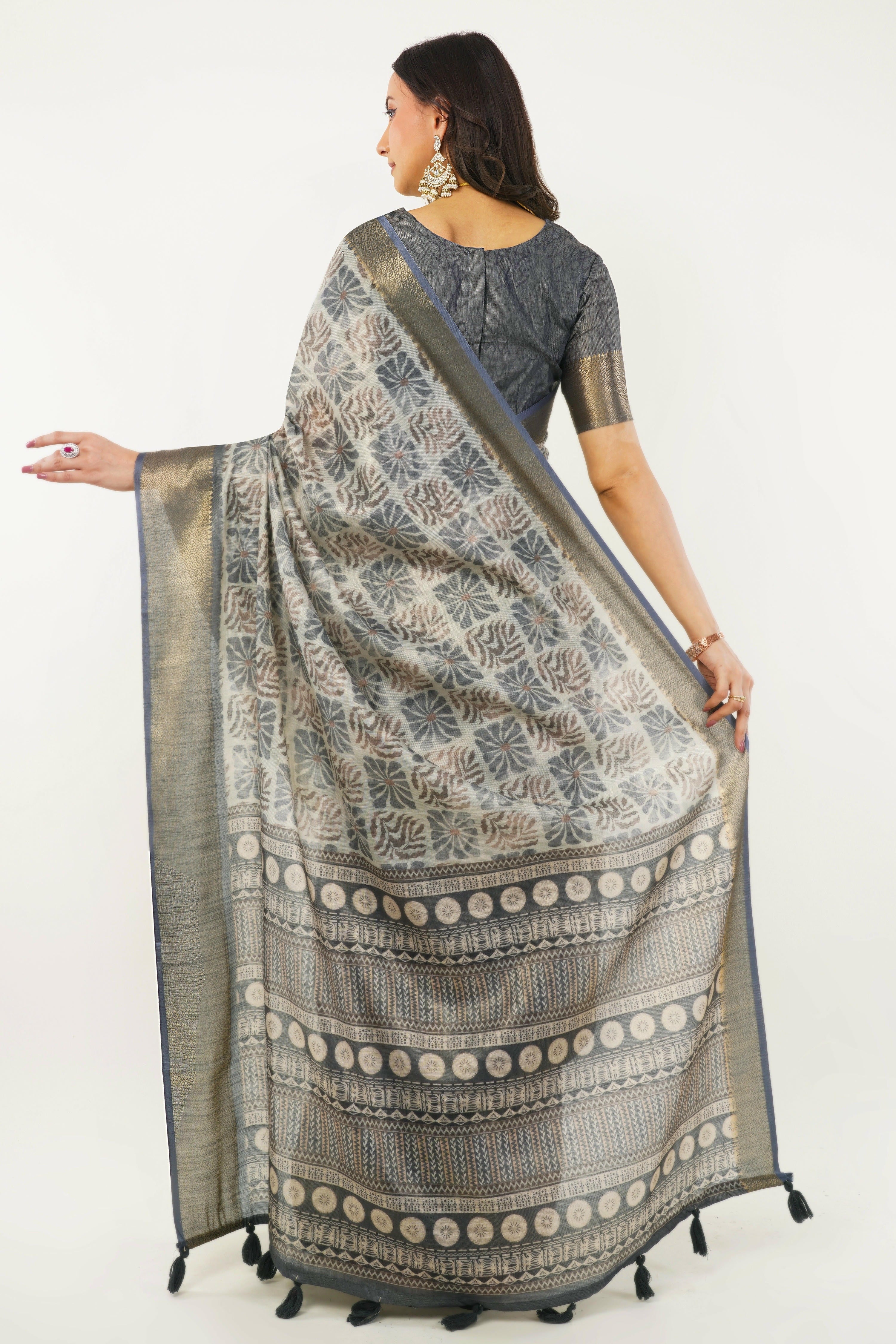 Charcoal Grey & Off-White Abstract Print Saree with Antique Zari Border