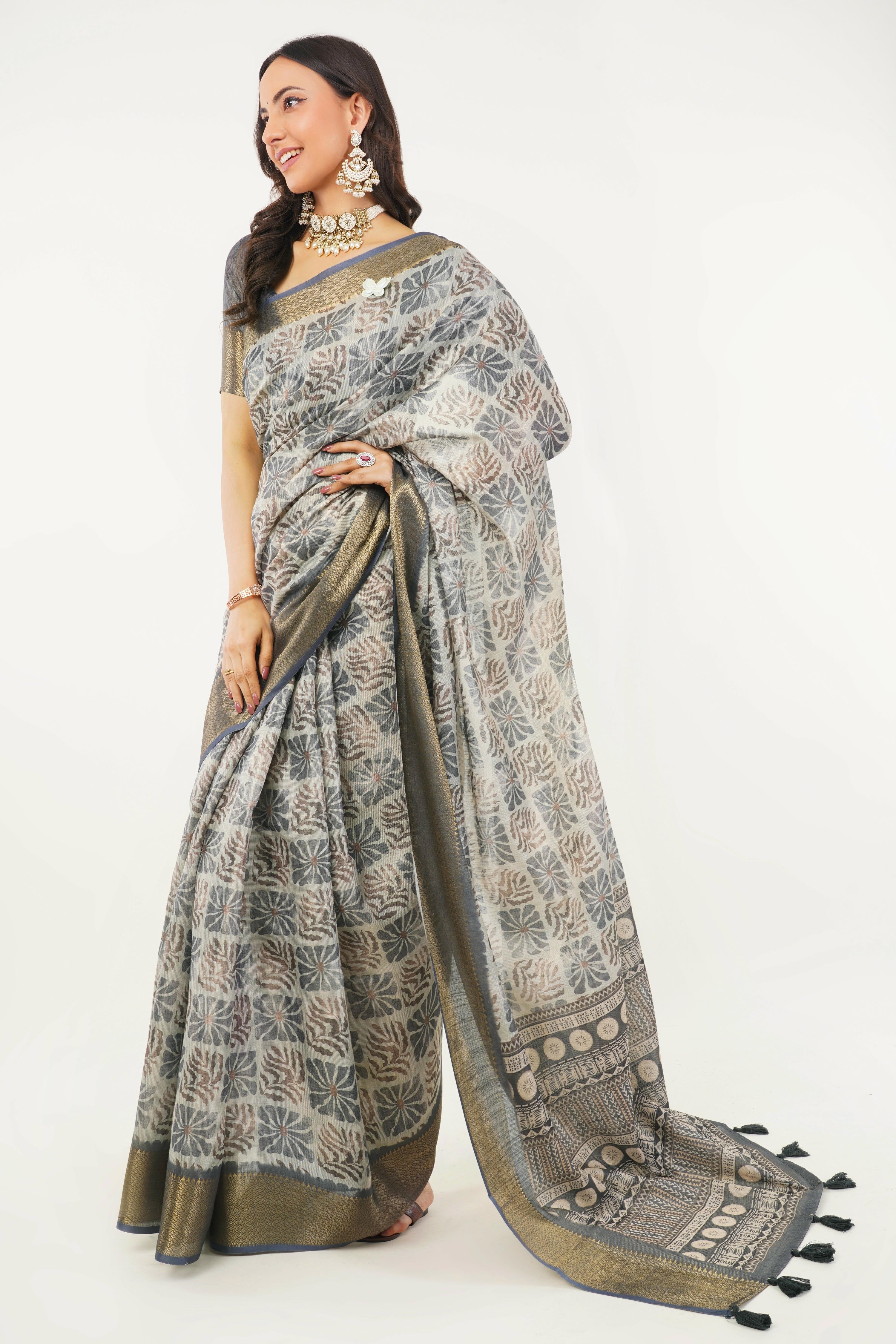 Charcoal Grey & Off-White Abstract Print Saree with Antique Zari Border