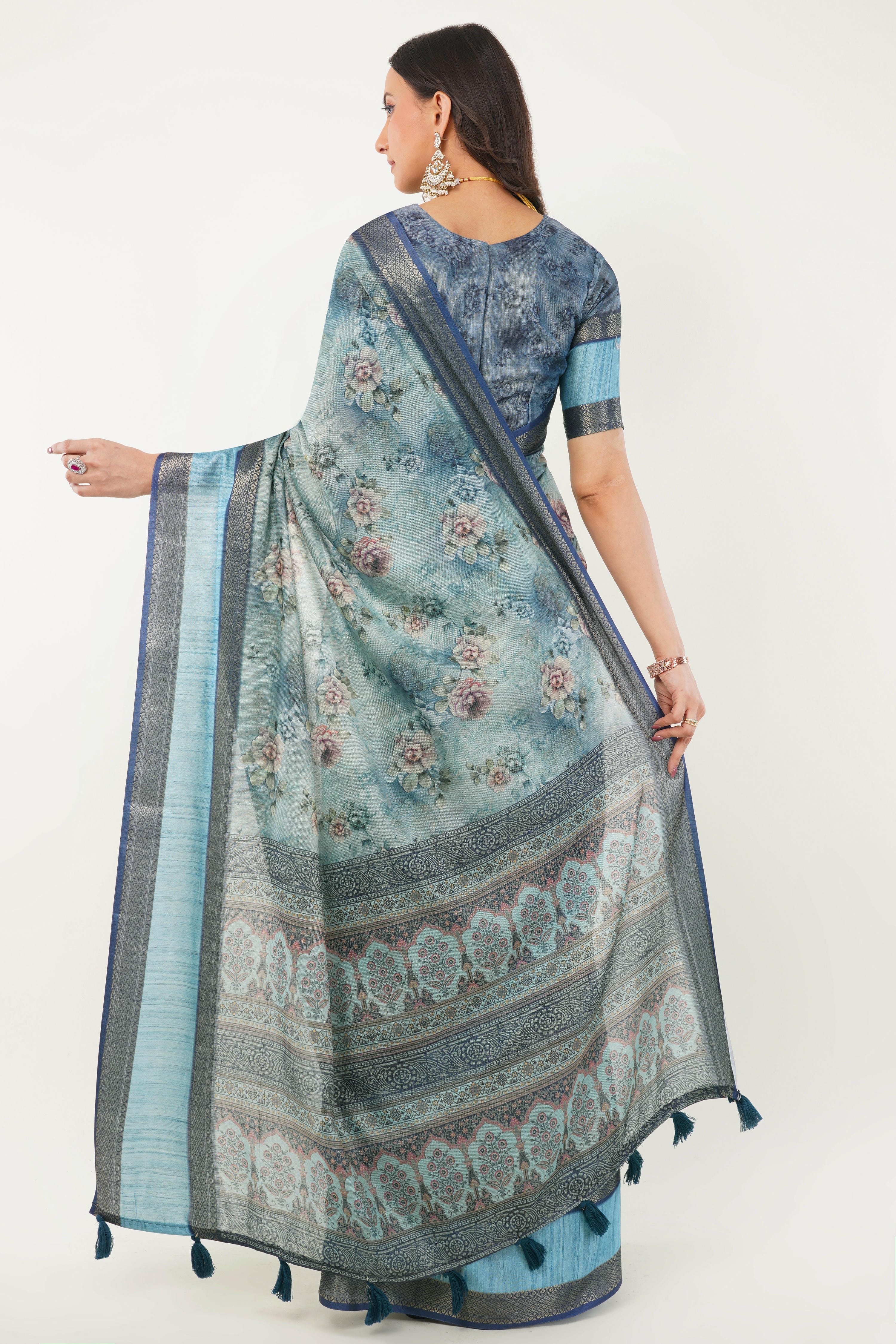 Cerulean Blue Floral Print Saree with Zari Border