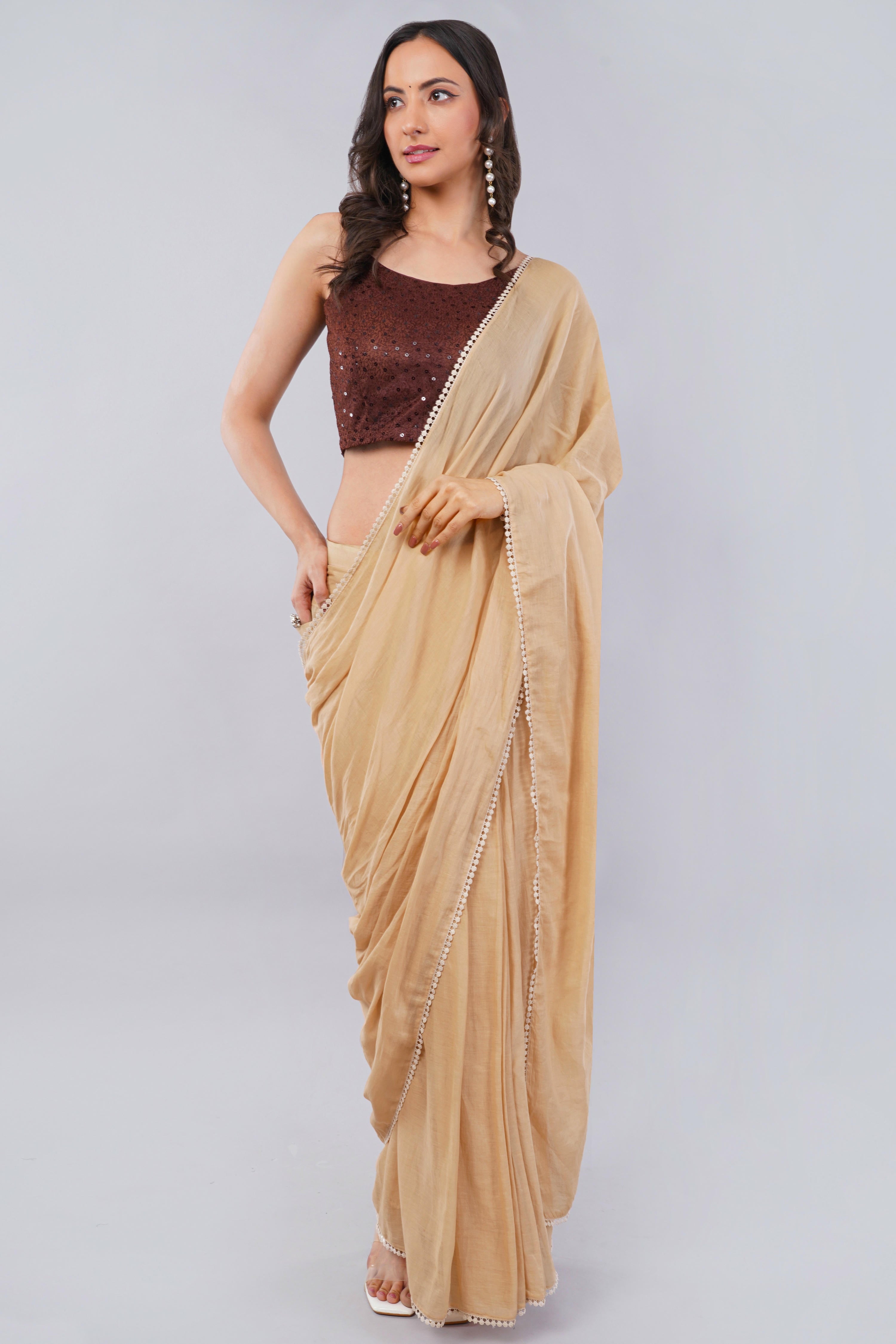 Beige Ready-to-Wear Saree with Pocket