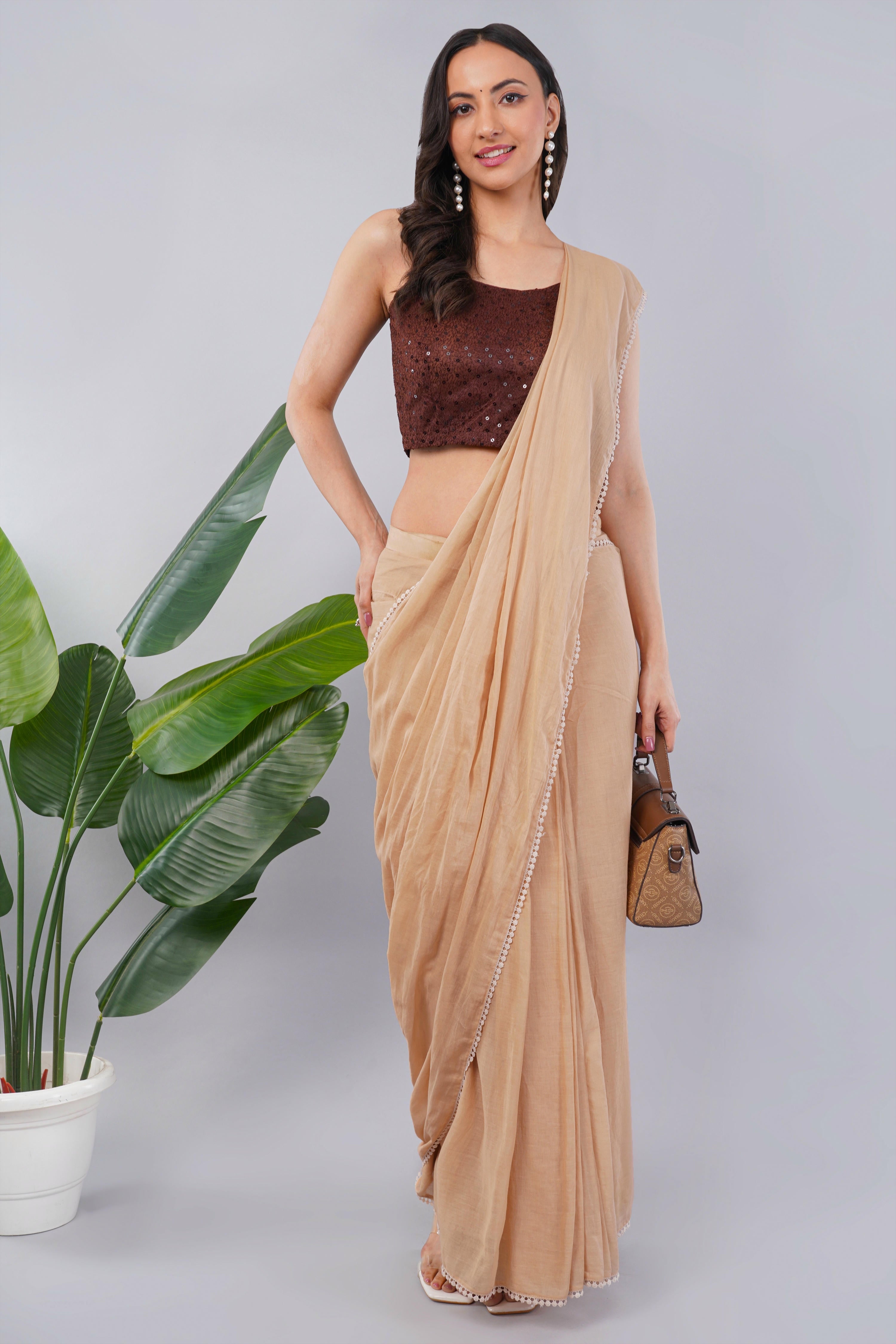Beige Ready-to-Wear Saree with Pocket