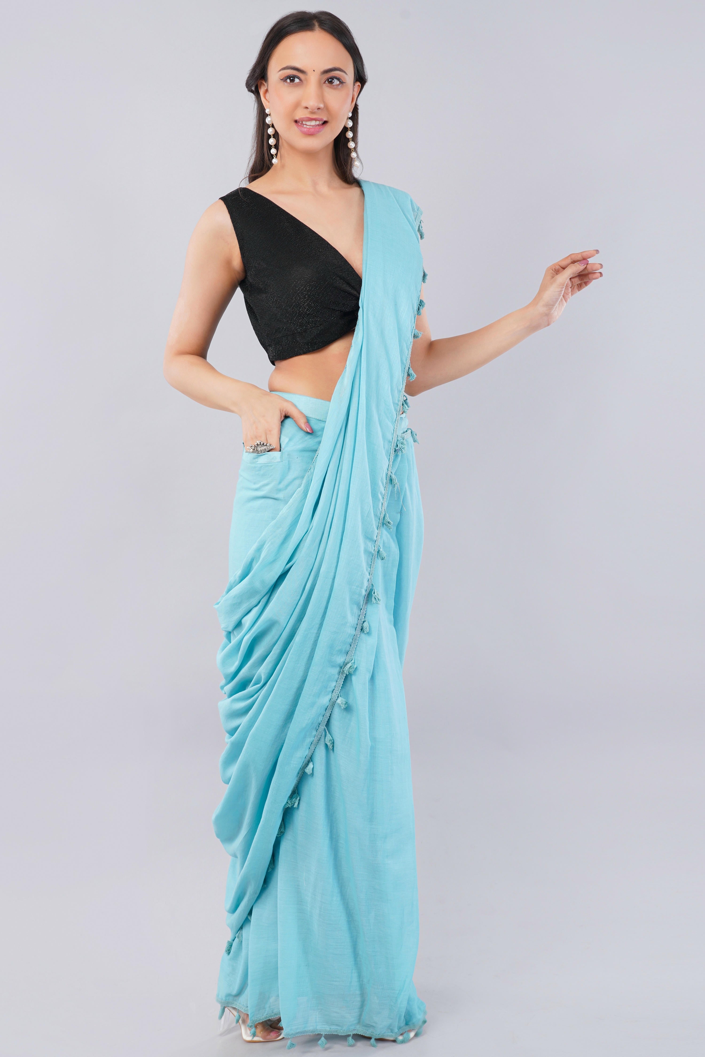 Turquoise Blue Ready-to-Wear Saree with Pocket