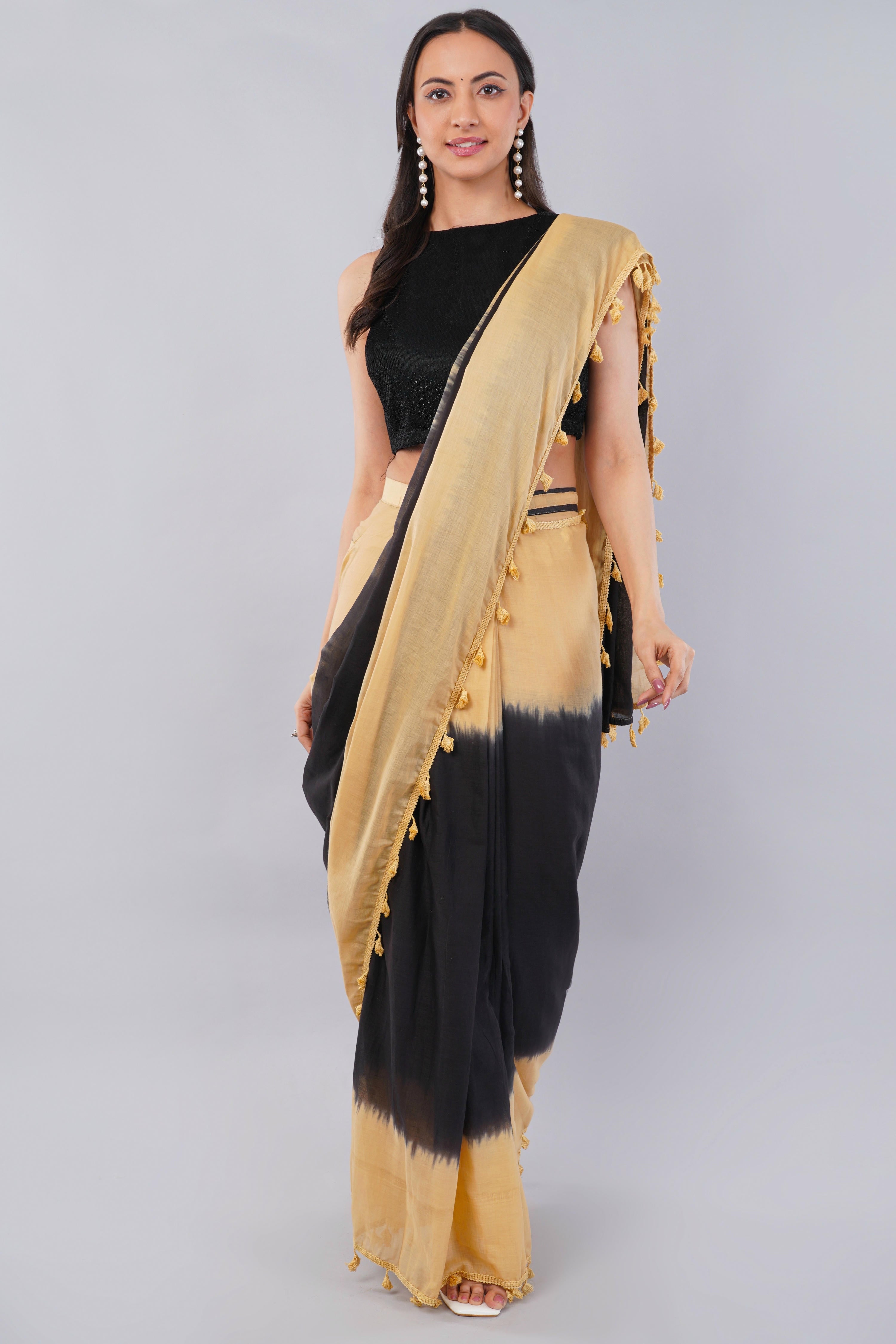 Beige and black ready-to-wear saree with tie-dye print, pocket and lace border