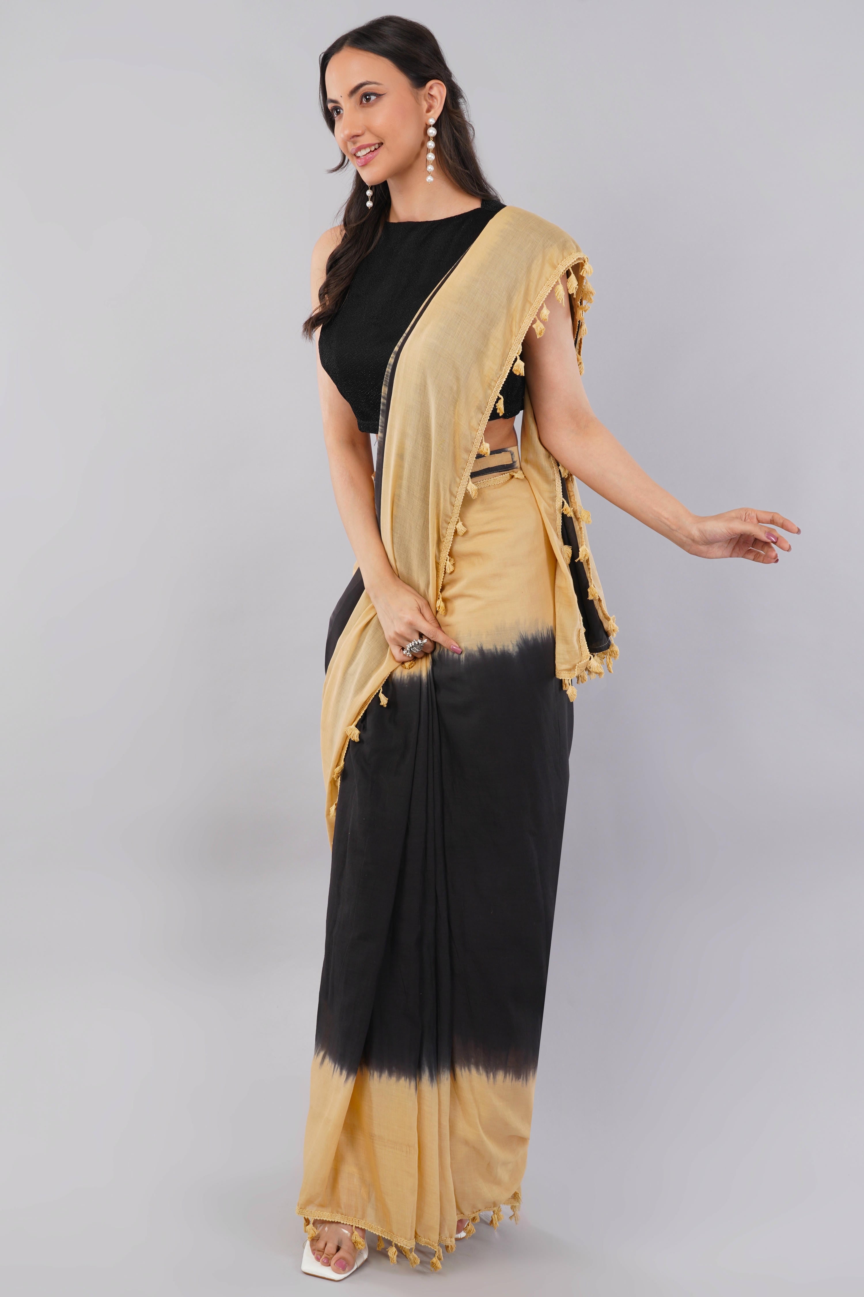 Beige & Black Ready-to-Wear Saree with Pocket