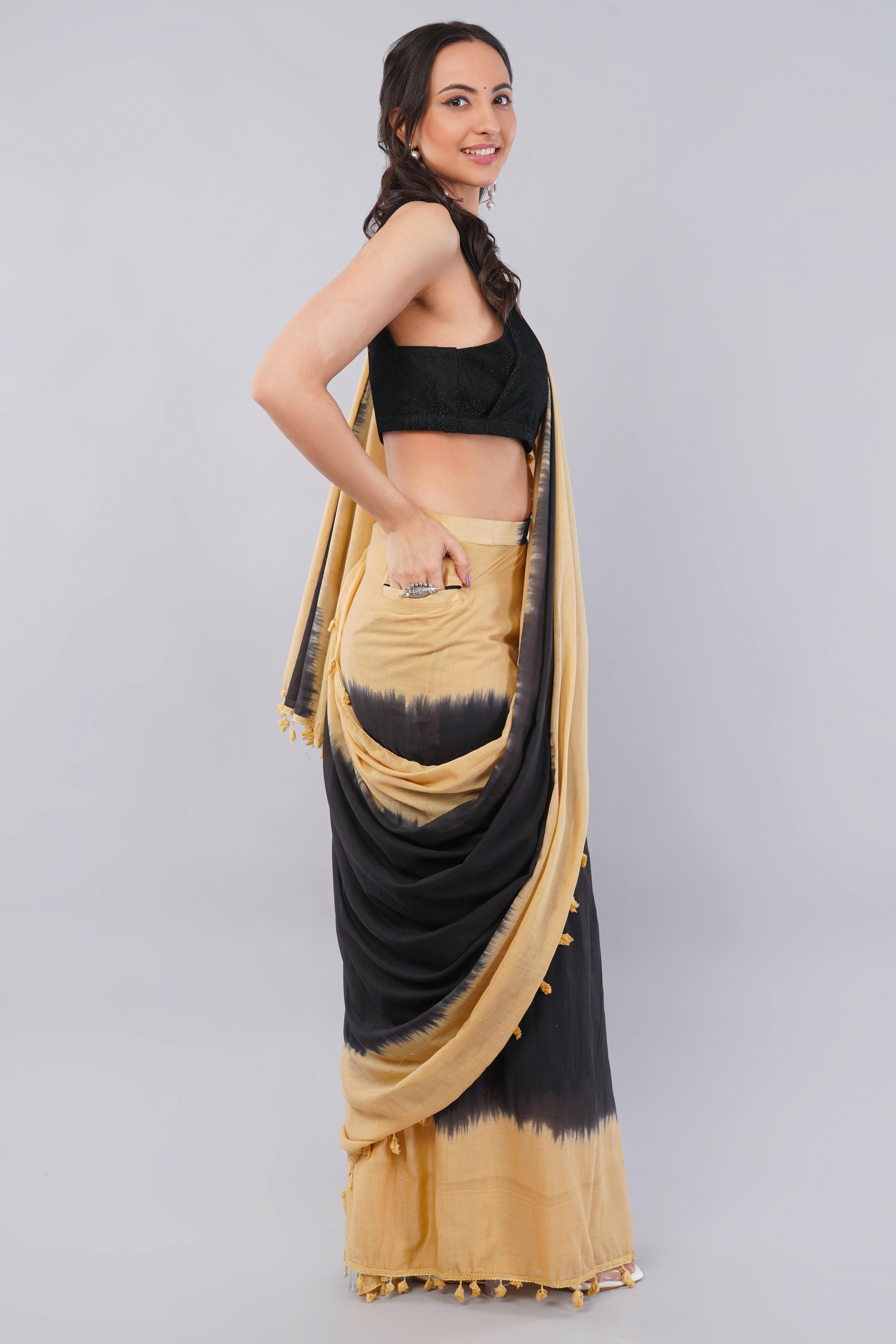 Beige & Black Ready-to-Wear Saree with Pocket