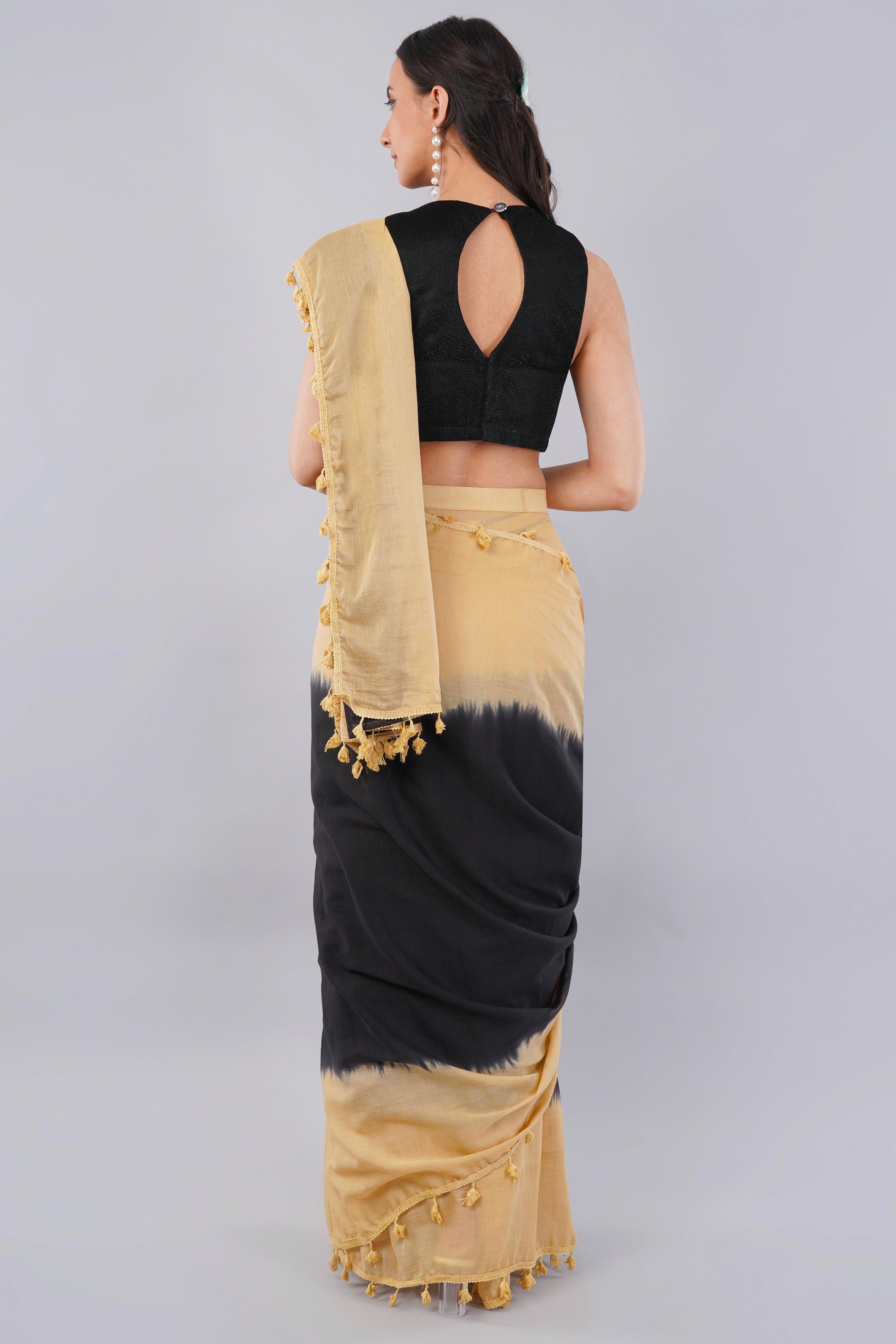 Beige & Black Ready-to-Wear Saree with Pocket