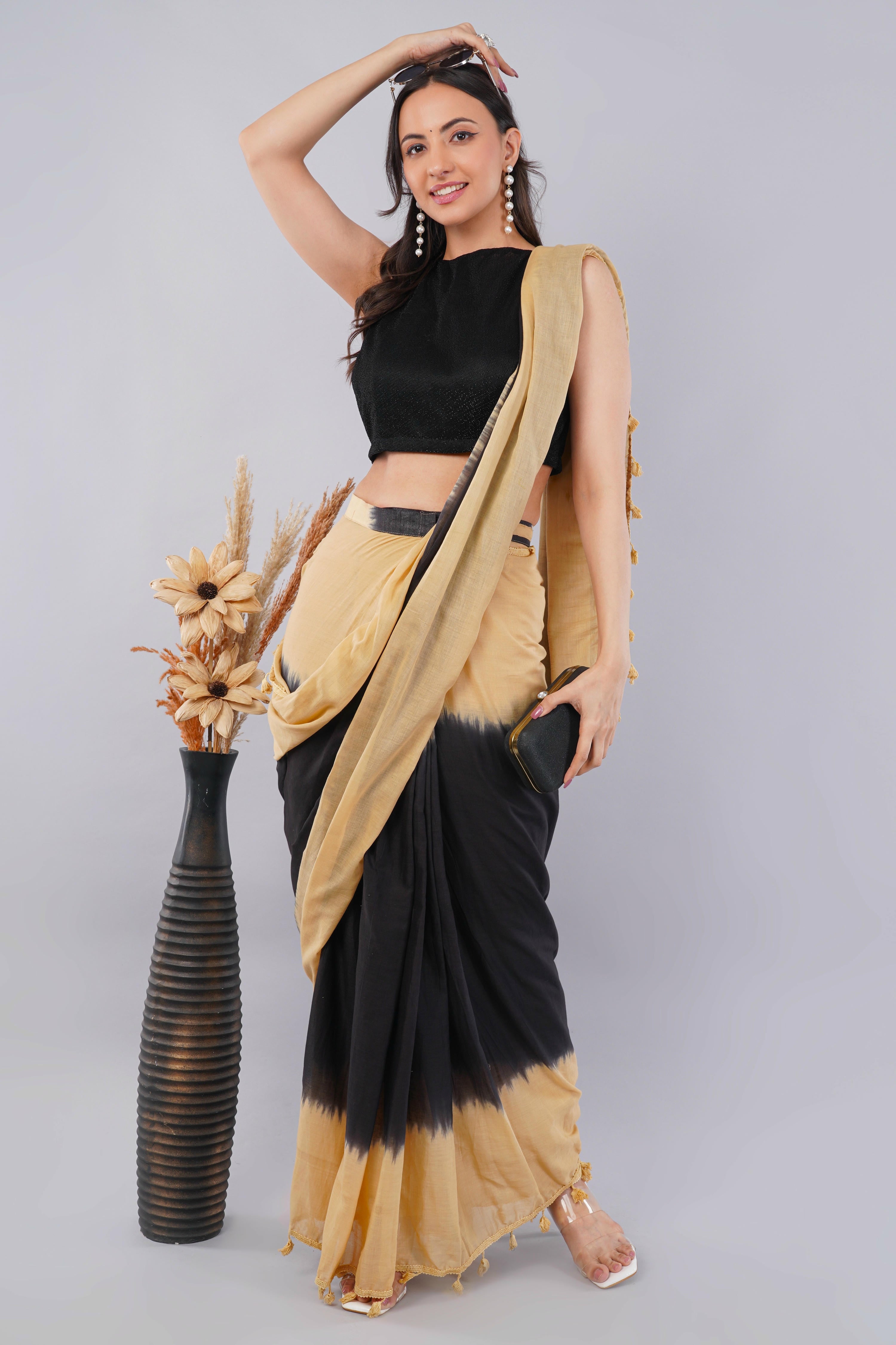 Beige & Black Ready-to-Wear Saree with Pocket