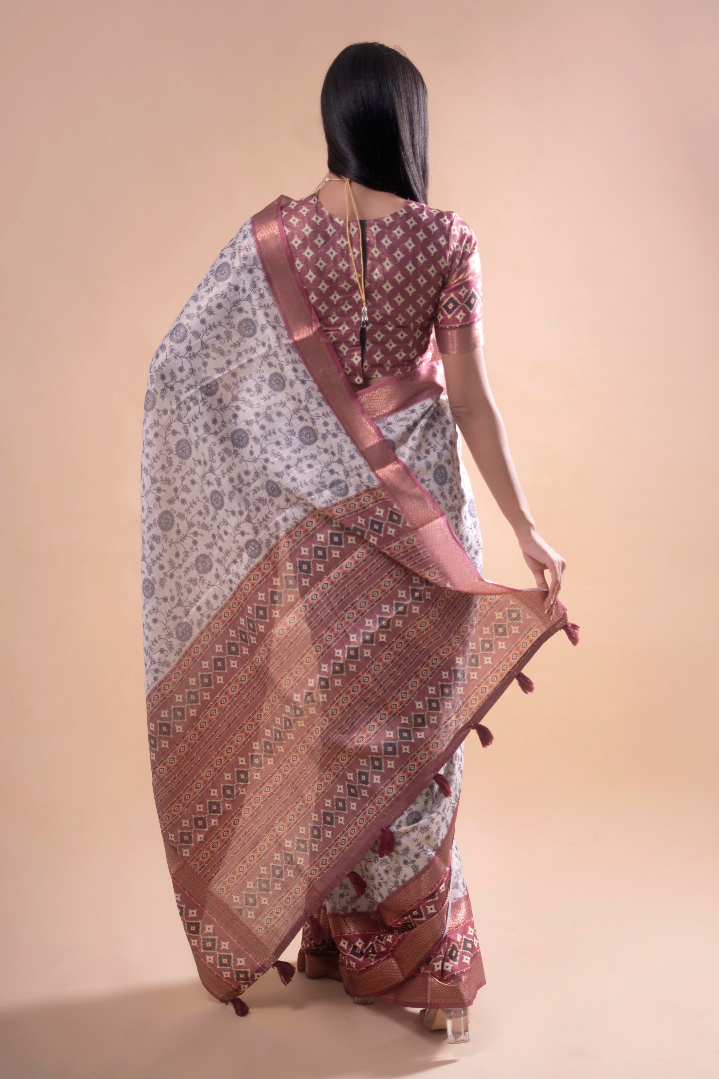 Cream Floral Saree with Maroon Geometric Zari Border and Printed Blouse