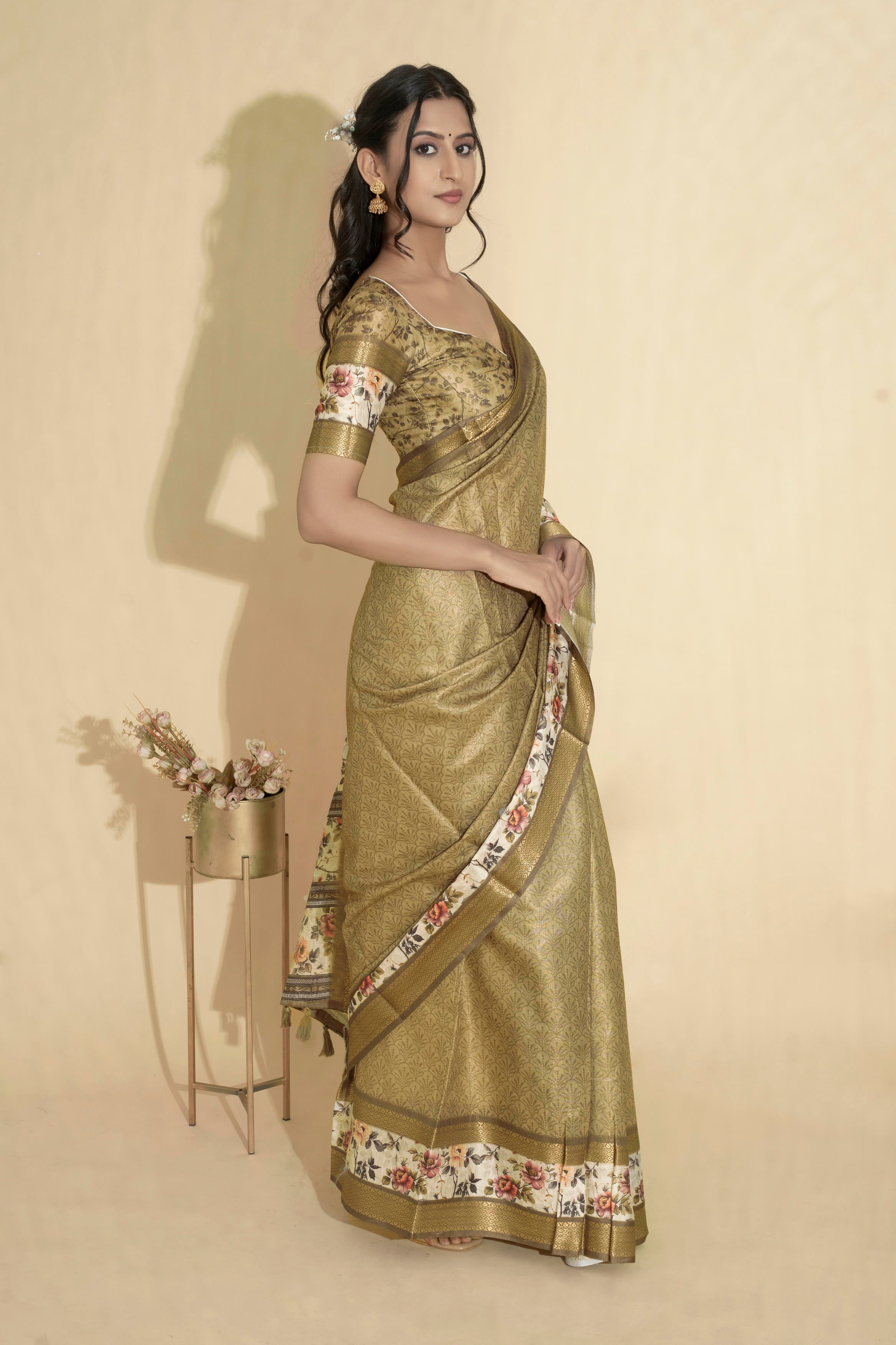Antique Gold Olive Textured Saree with Floral Border and Zari Accents