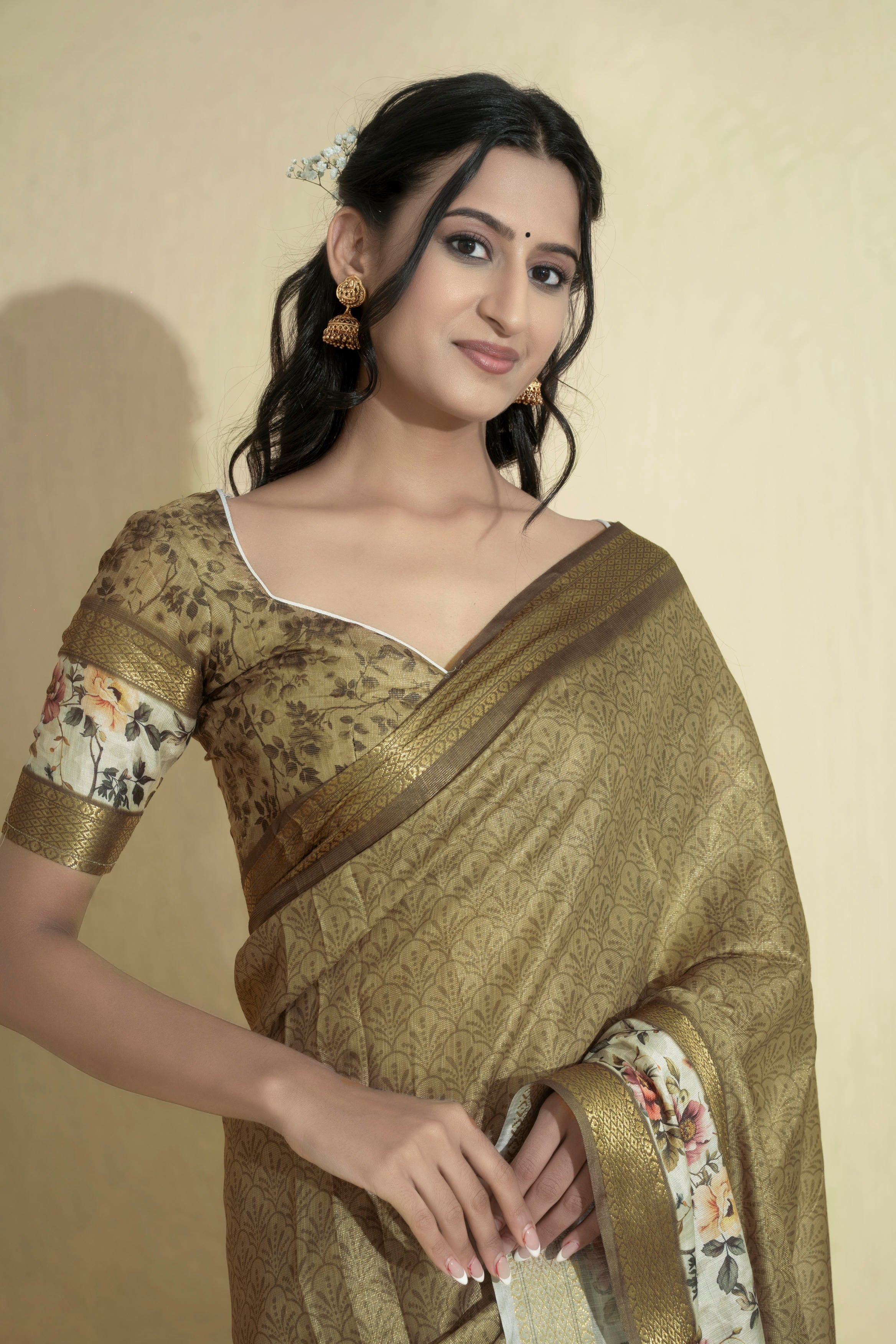 Antique Gold Olive Textured Saree with Floral Border and Zari Accents