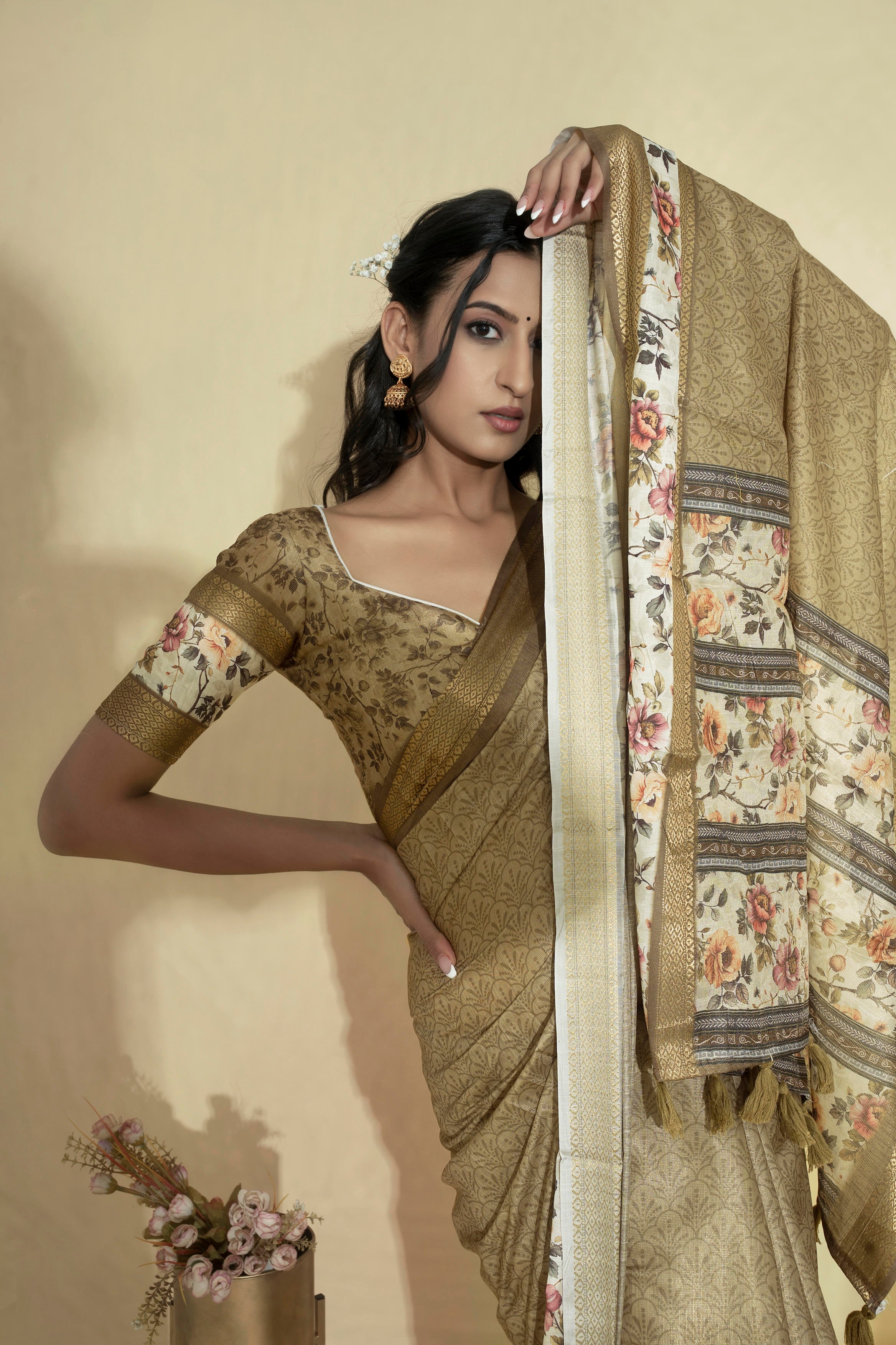 Antique Gold Olive Textured Saree with Floral Border and Zari Accents