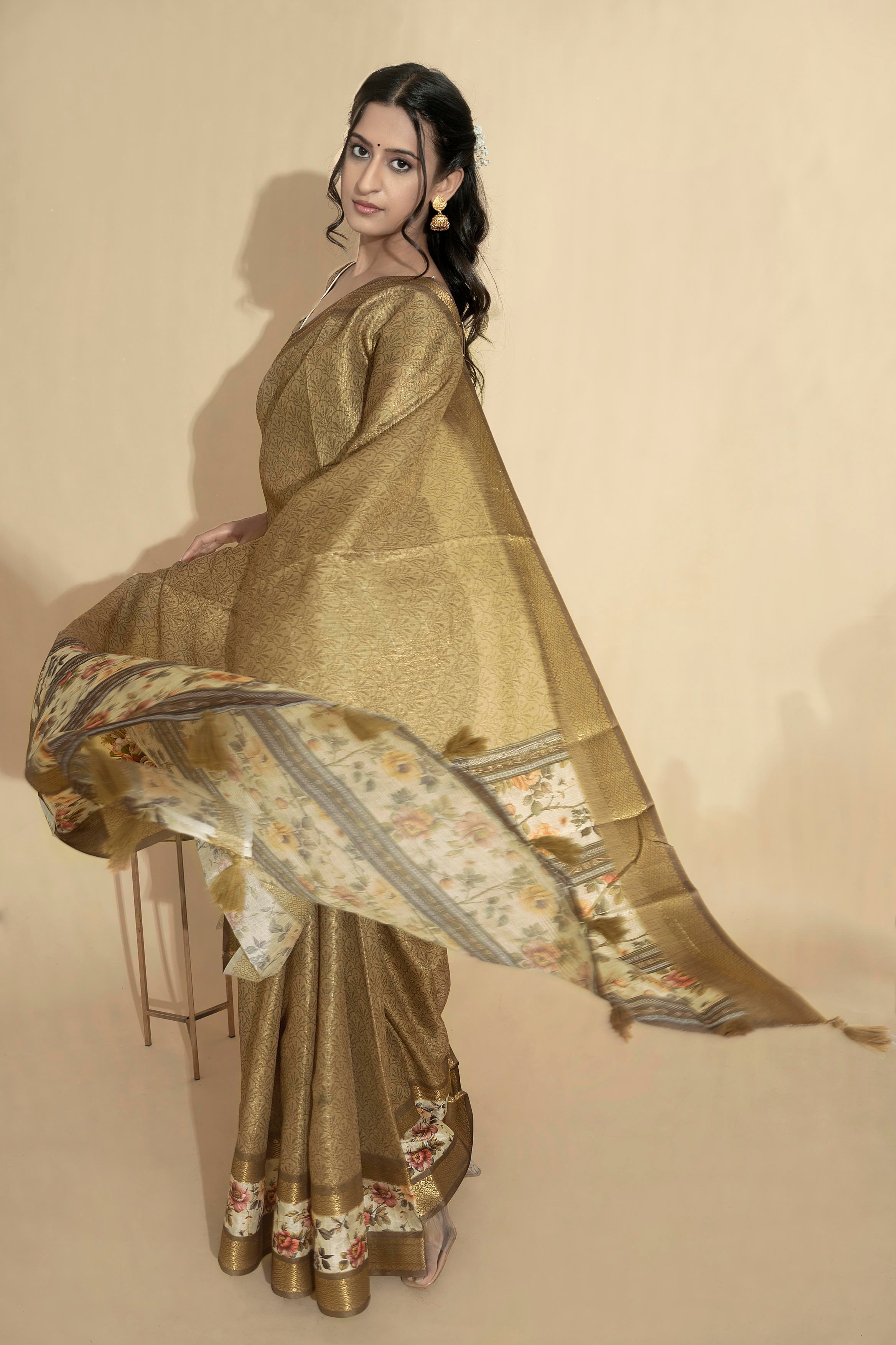 Antique Gold Olive Textured Saree with Floral Border and Zari Accents